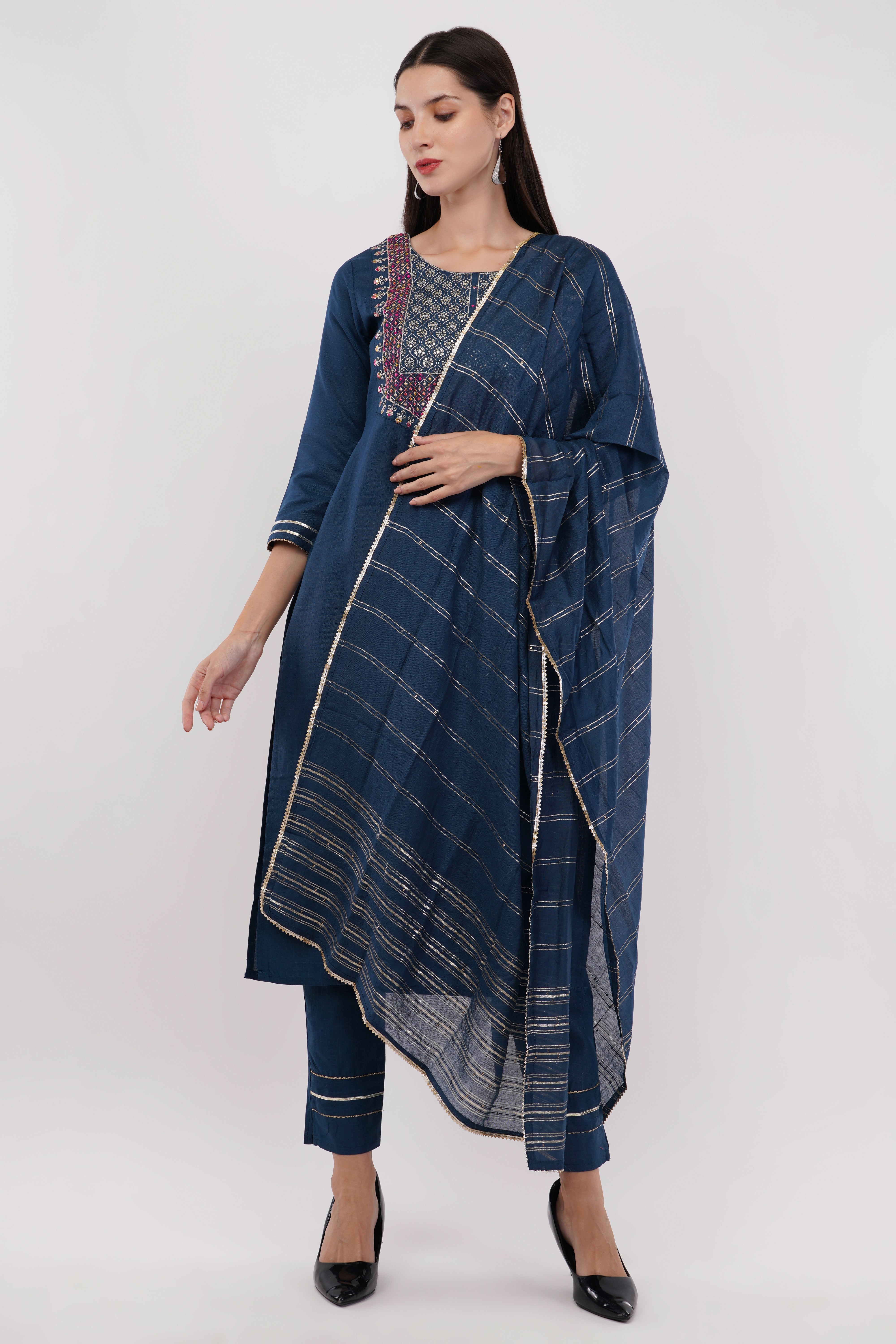 Navy Blue Cotton Fabric Suit Set With Embroidered Yoke - Set Of 3