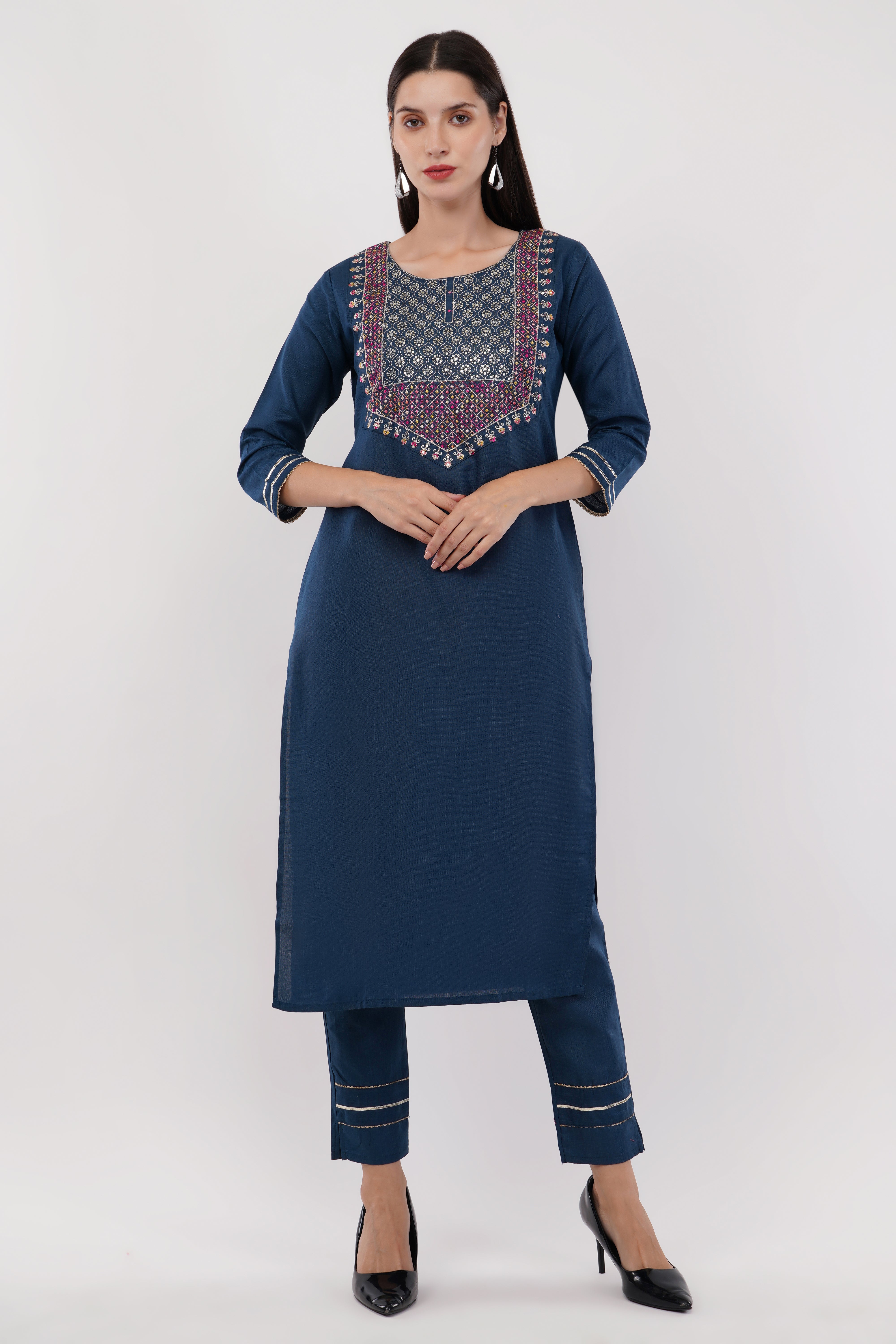 Navy Blue Cotton Fabric Suit Set With Embroidered Yoke - Set Of 3