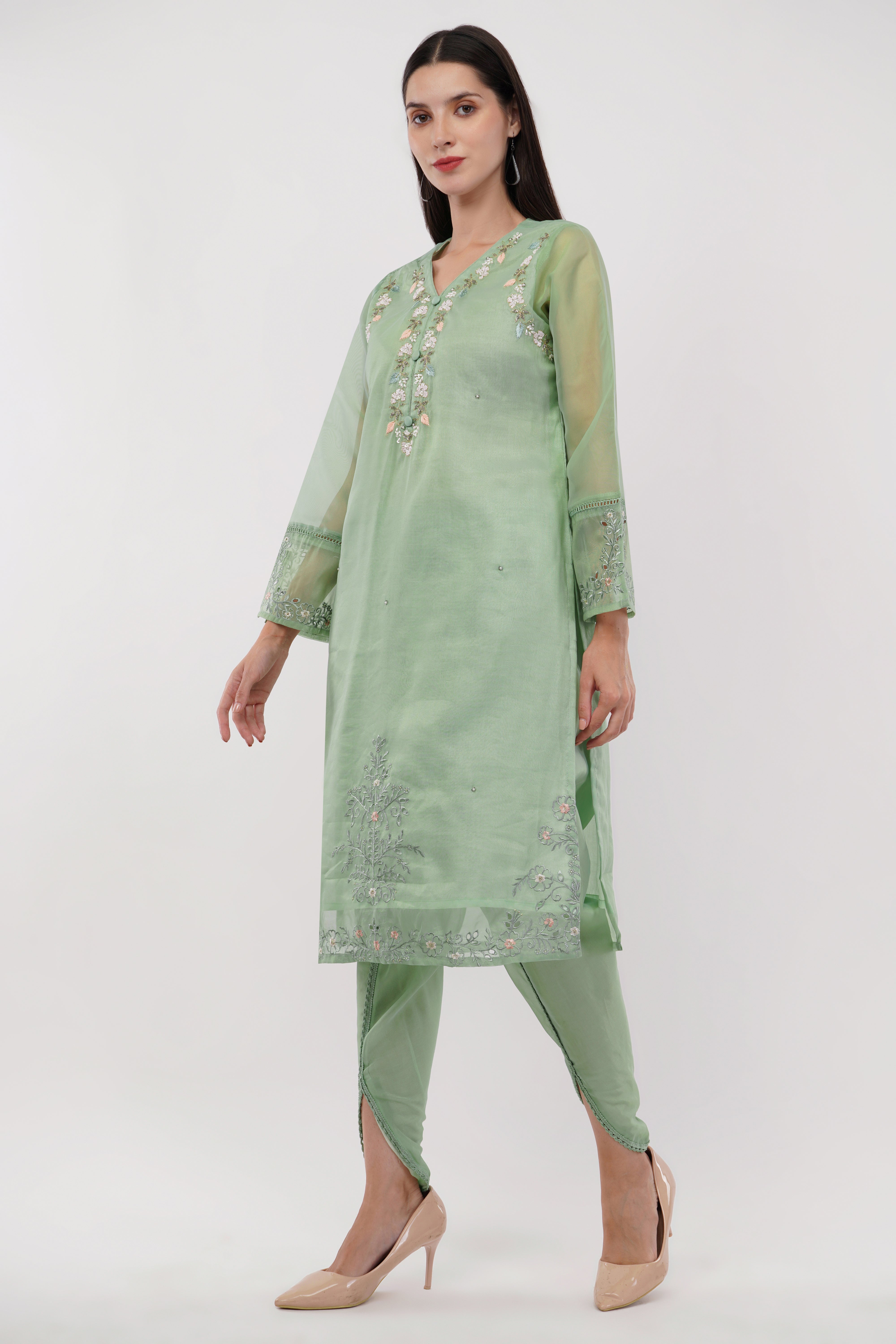 Sage Green Shimmer Organza Embroidered Suit, Tulip Pants & Jacquard Dupatta - Set Of 3