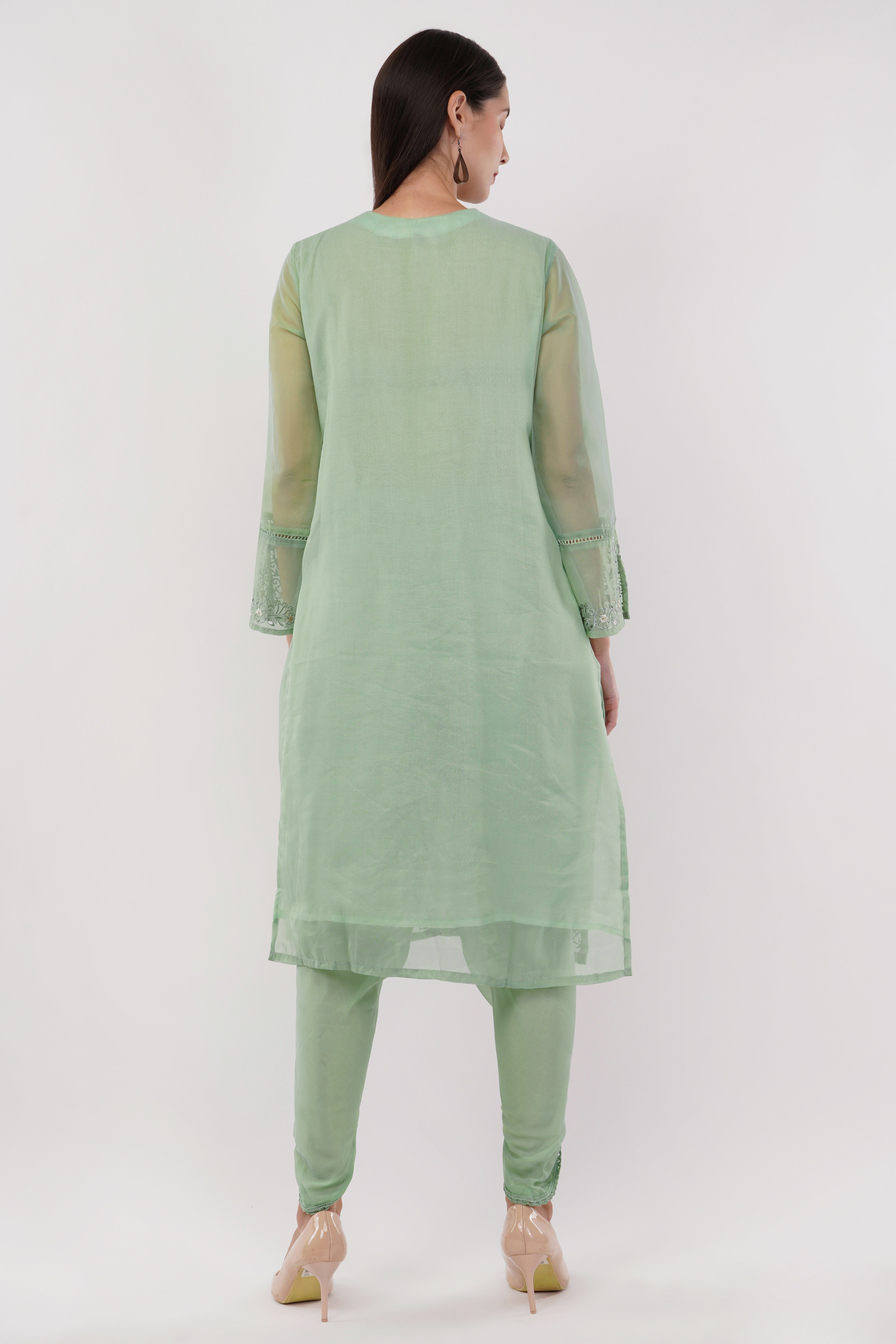 Sage Green Shimmer Organza Embroidered Suit, Tulip Pants & Jacquard Dupatta - Set Of 3