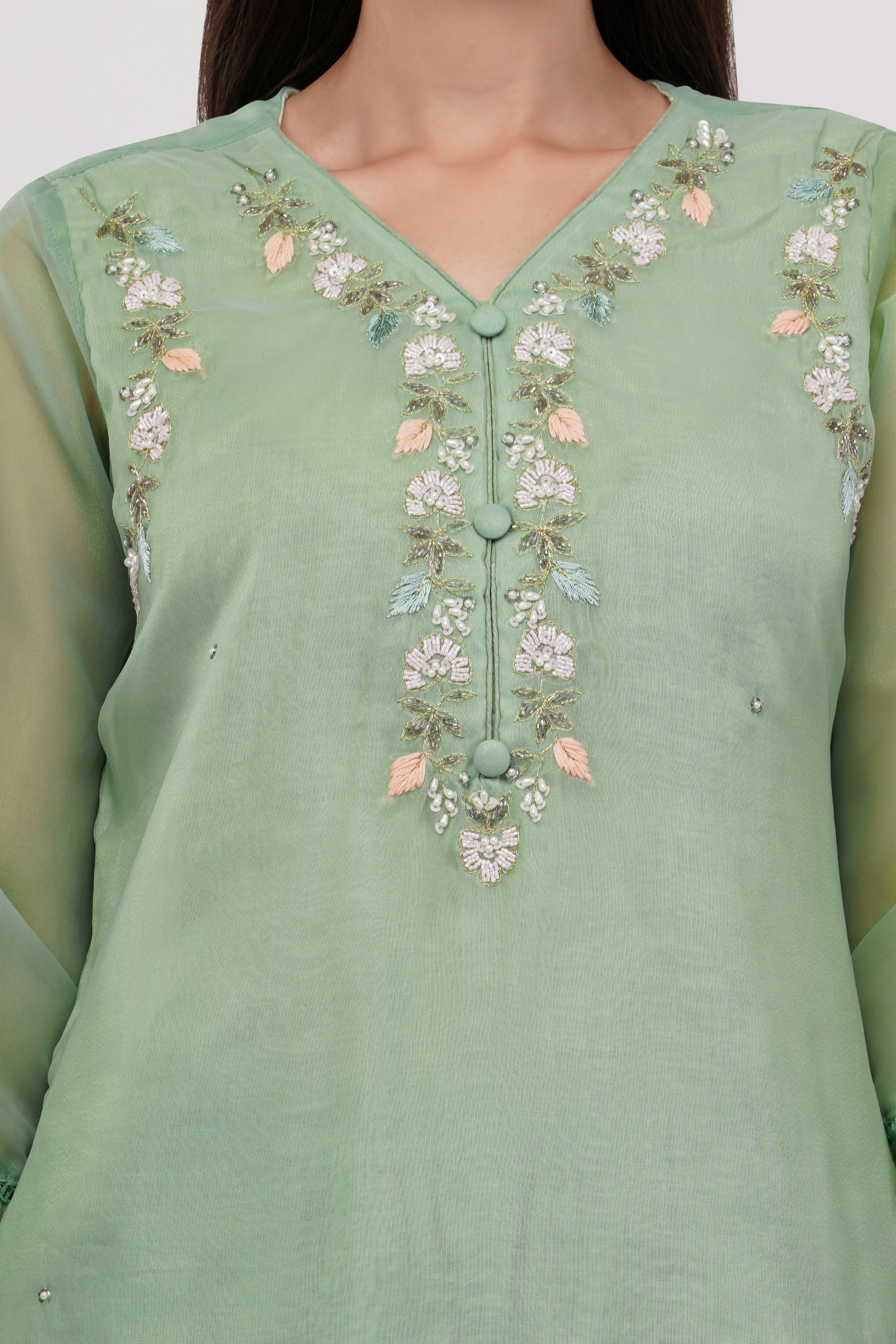 Sage Green Shimmer Organza Embroidered Suit, Tulip Pants & Jacquard Dupatta - Set Of 3