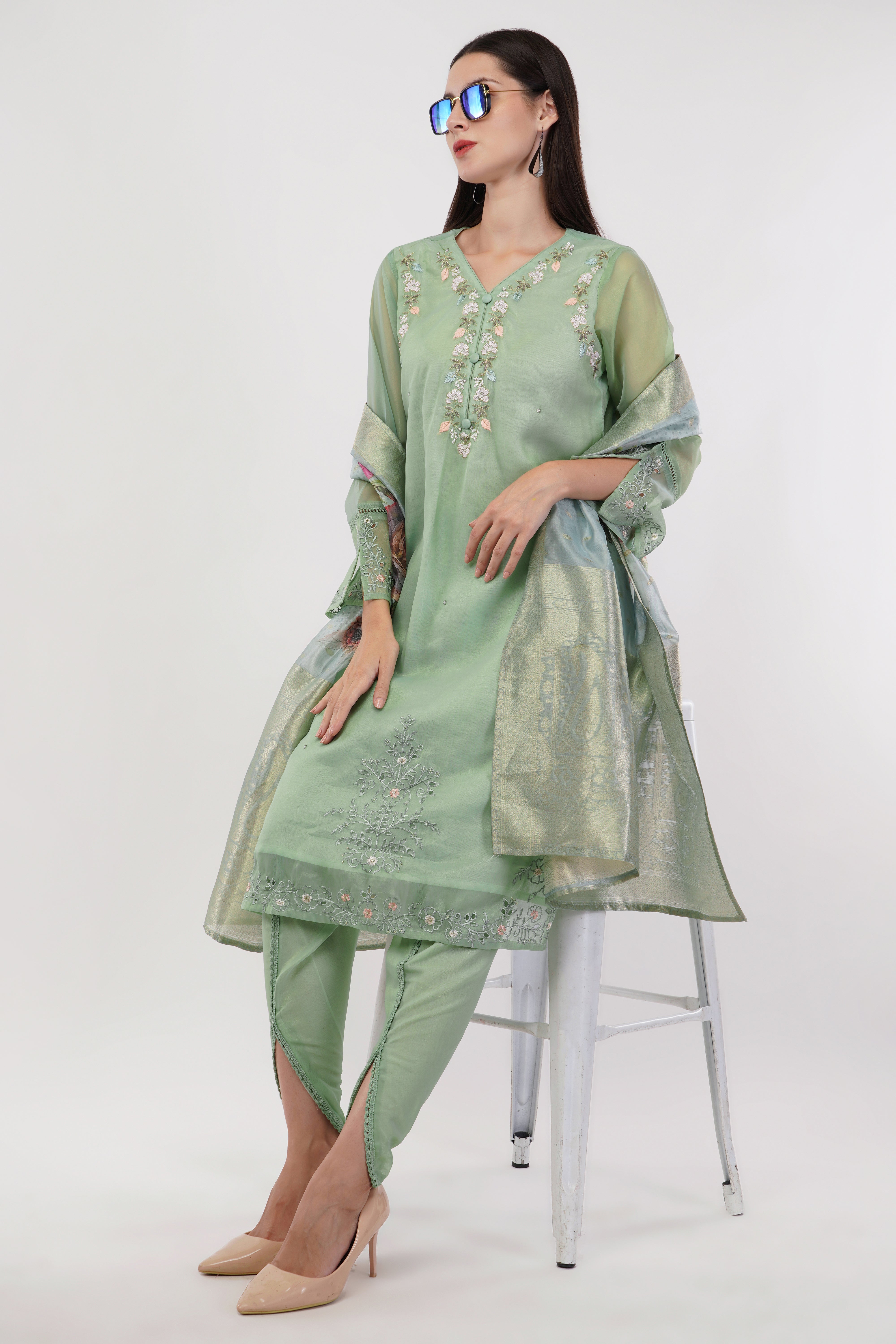 Sage Green Shimmer Organza Embroidered Suit, Tulip Pants & Jacquard Dupatta - Set Of 3
