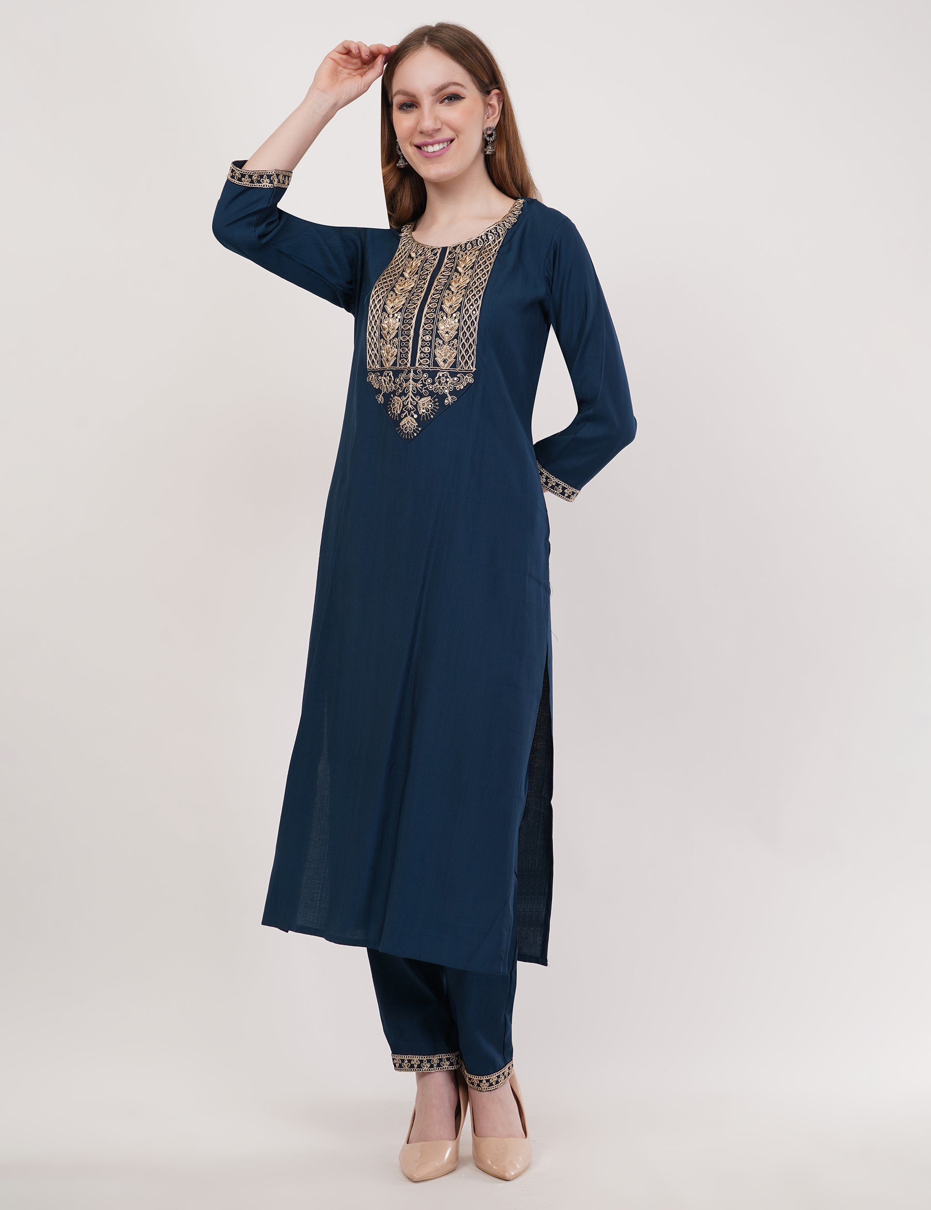 Teal Blue Silk Straight Suit With Dupatta - Set Of 3