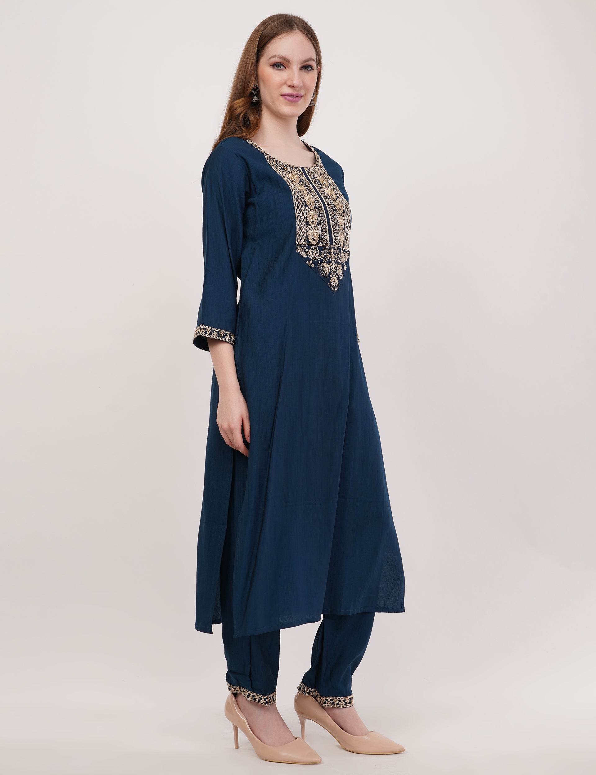 Teal Blue Silk Straight Suit With Dupatta - Set Of 3