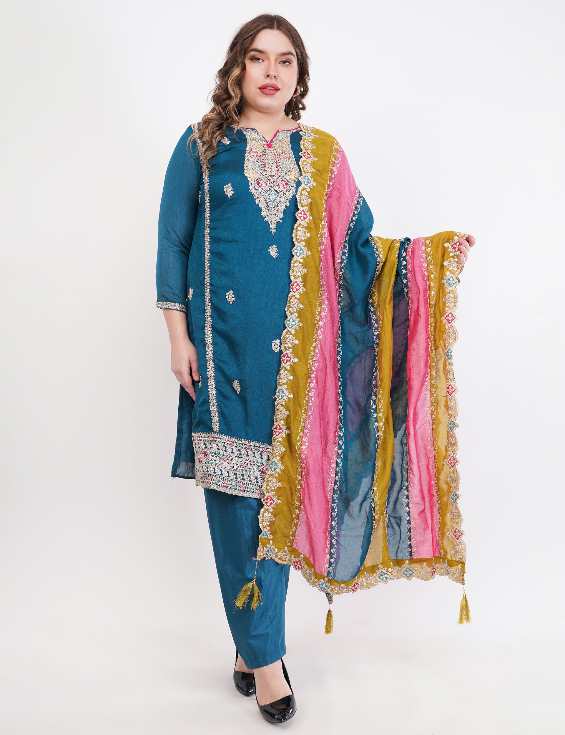 Teal Blue Vichitra Silk Suit With Multi Thread & Zari Embroidery Stitch - Set Of 3