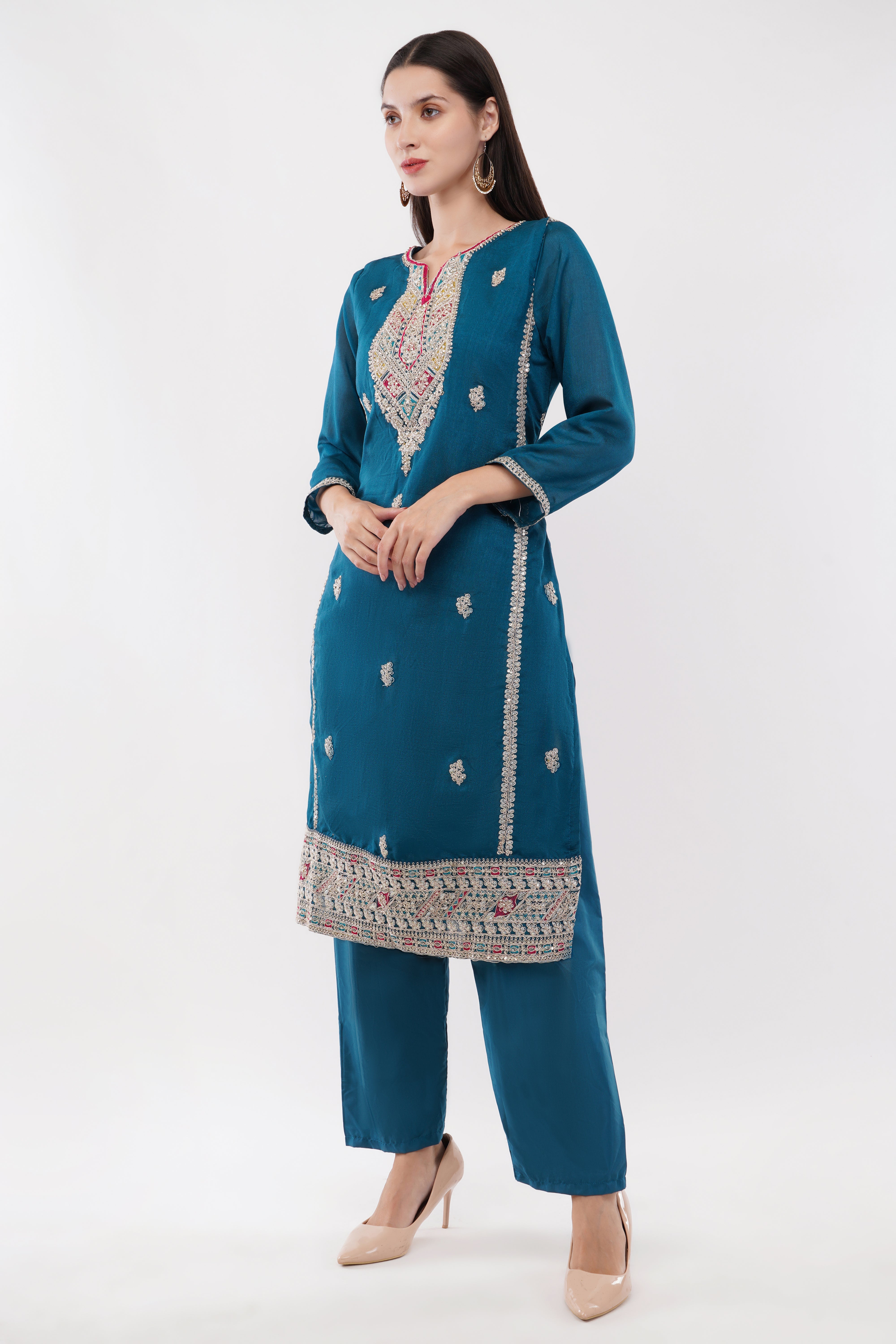 Teal Blue Vichitra Silk Suit With Multi Thread & Zari Embroidery Stitch - Set Of 3