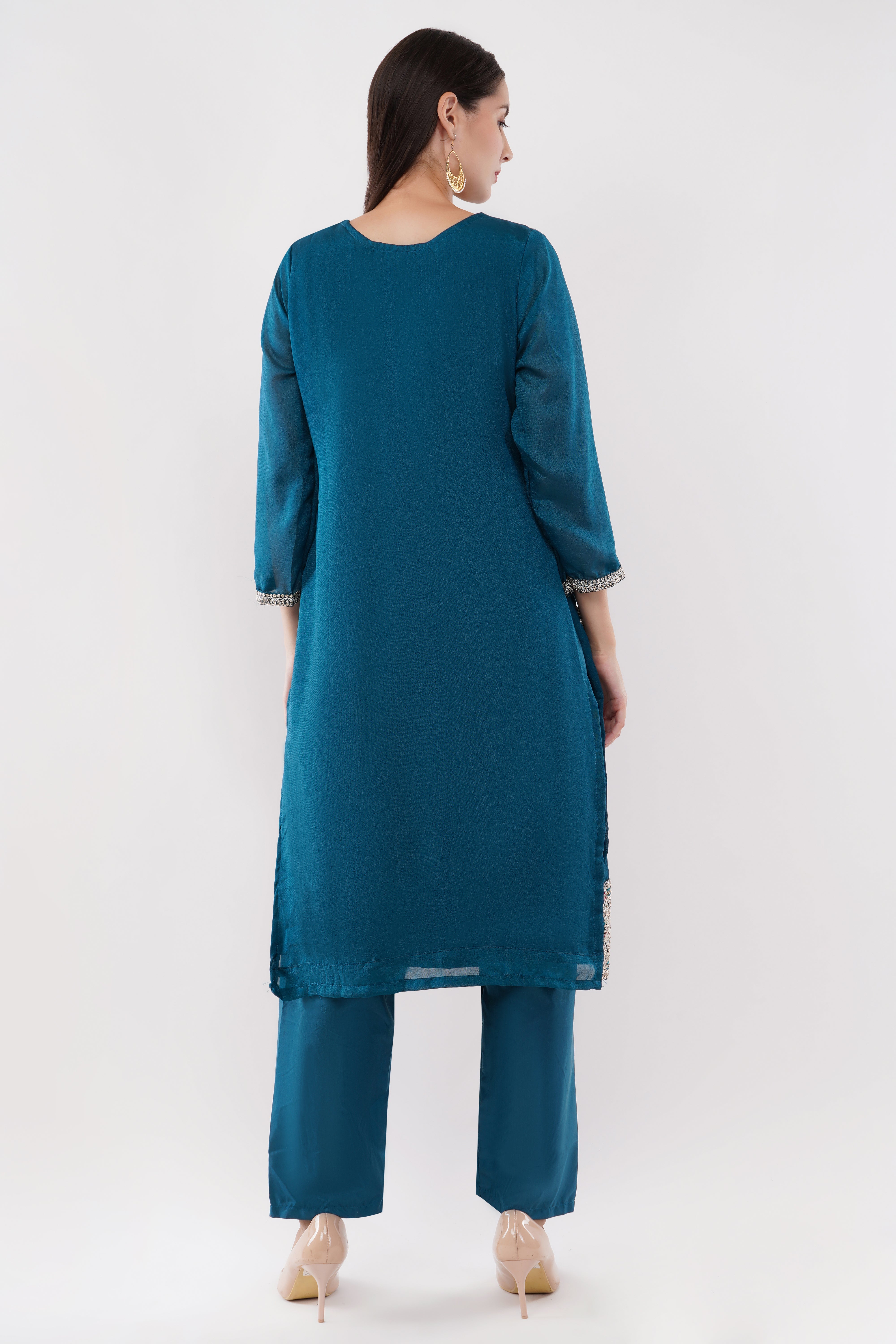 Teal Blue Vichitra Silk Suit With Multi Thread & Zari Embroidery Stitch - Set Of 3