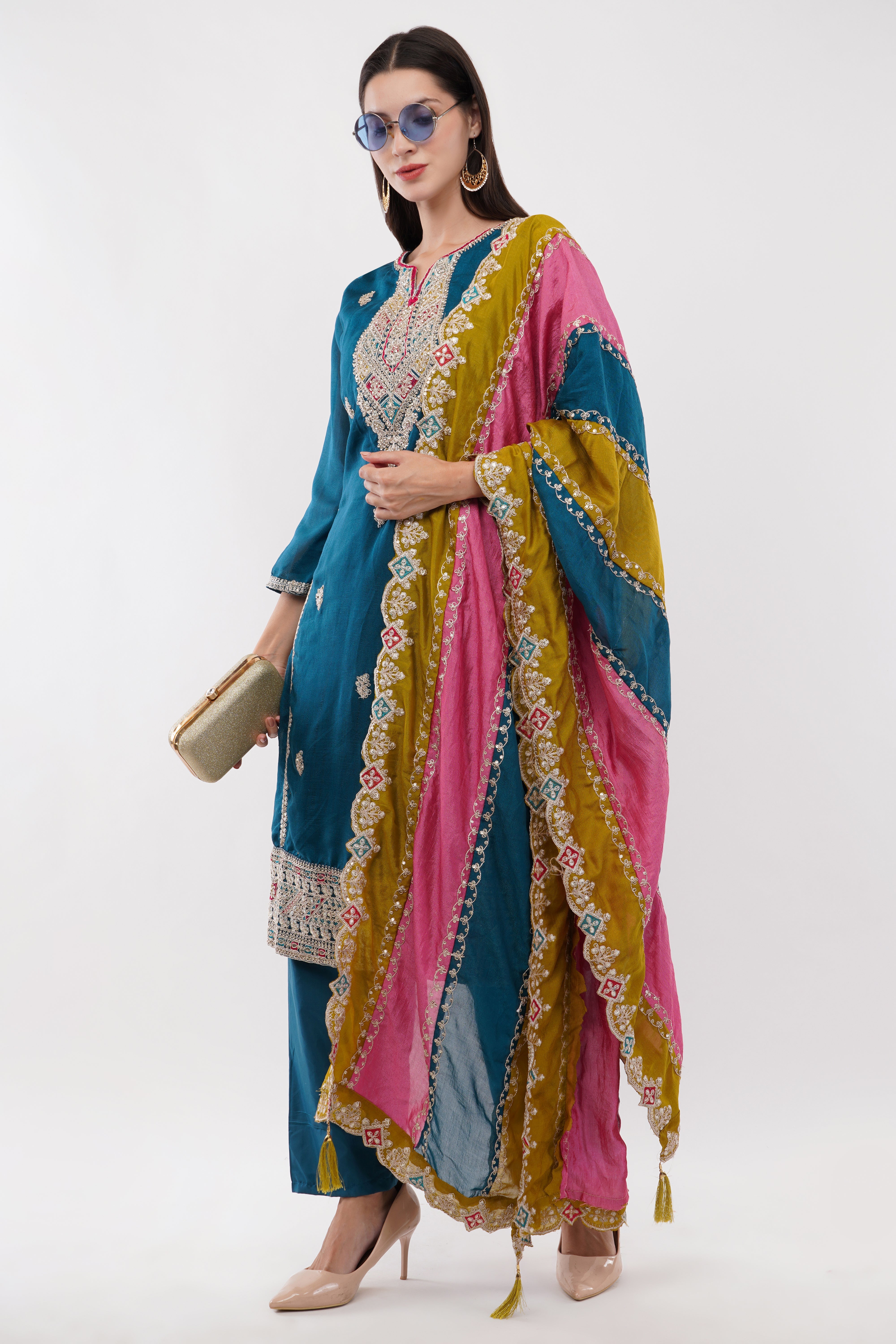 Teal Blue Vichitra Silk Suit With Multi Thread & Zari Embroidery Stitch - Set Of 3