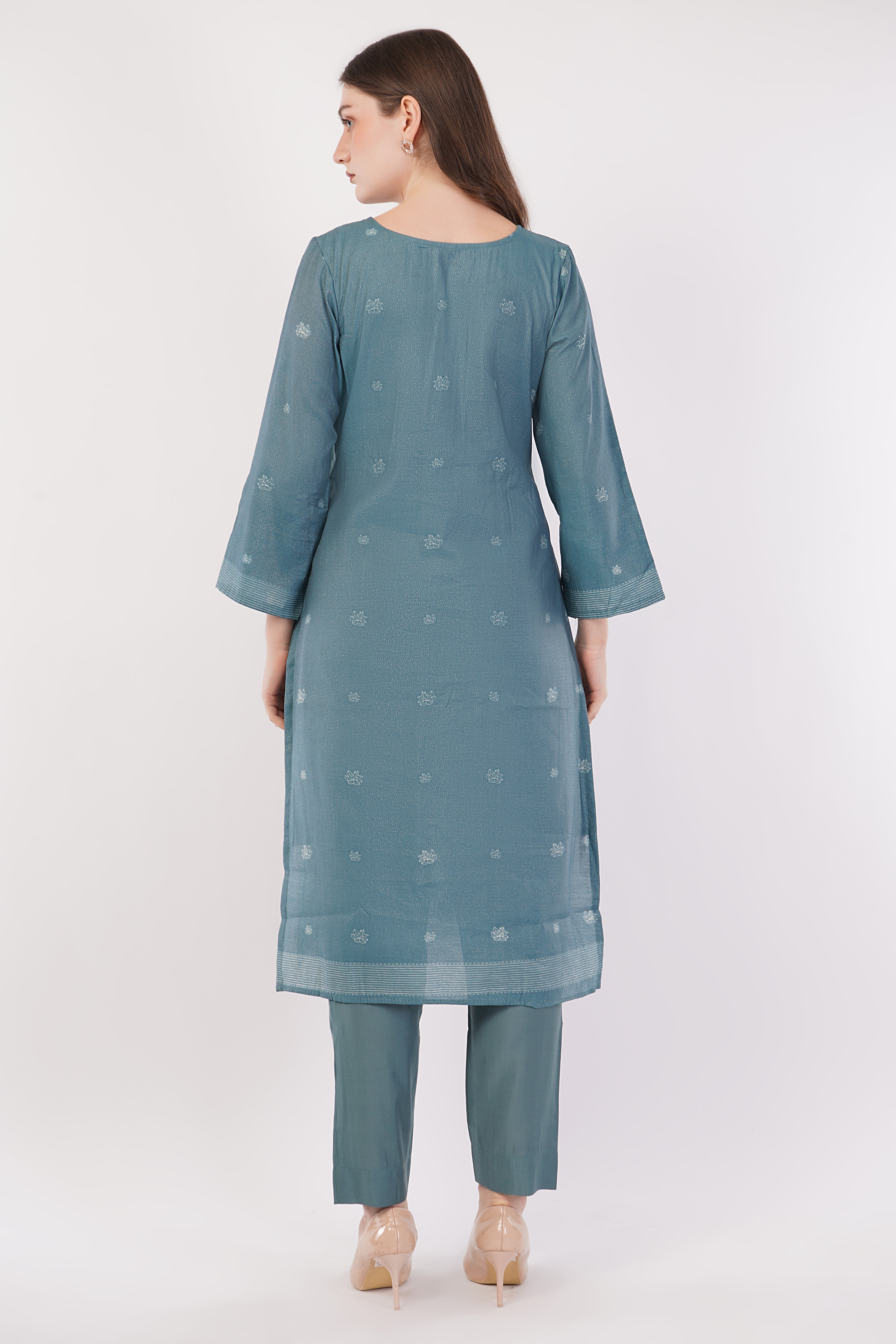 Teal Blue Abstract Printed Suit Set - Set Of 3