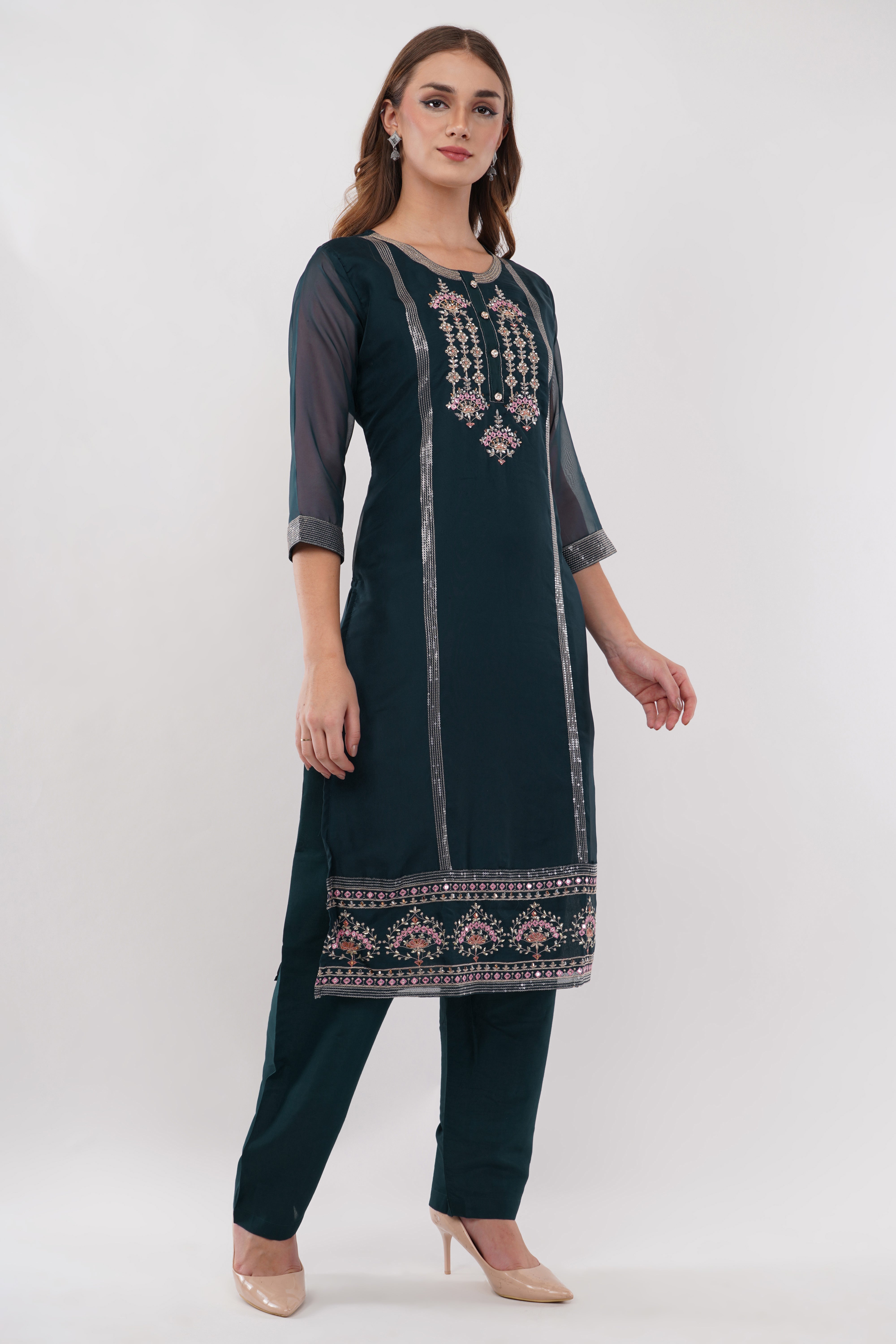 Teal Green Embroidered Suit Set - Set Of 3