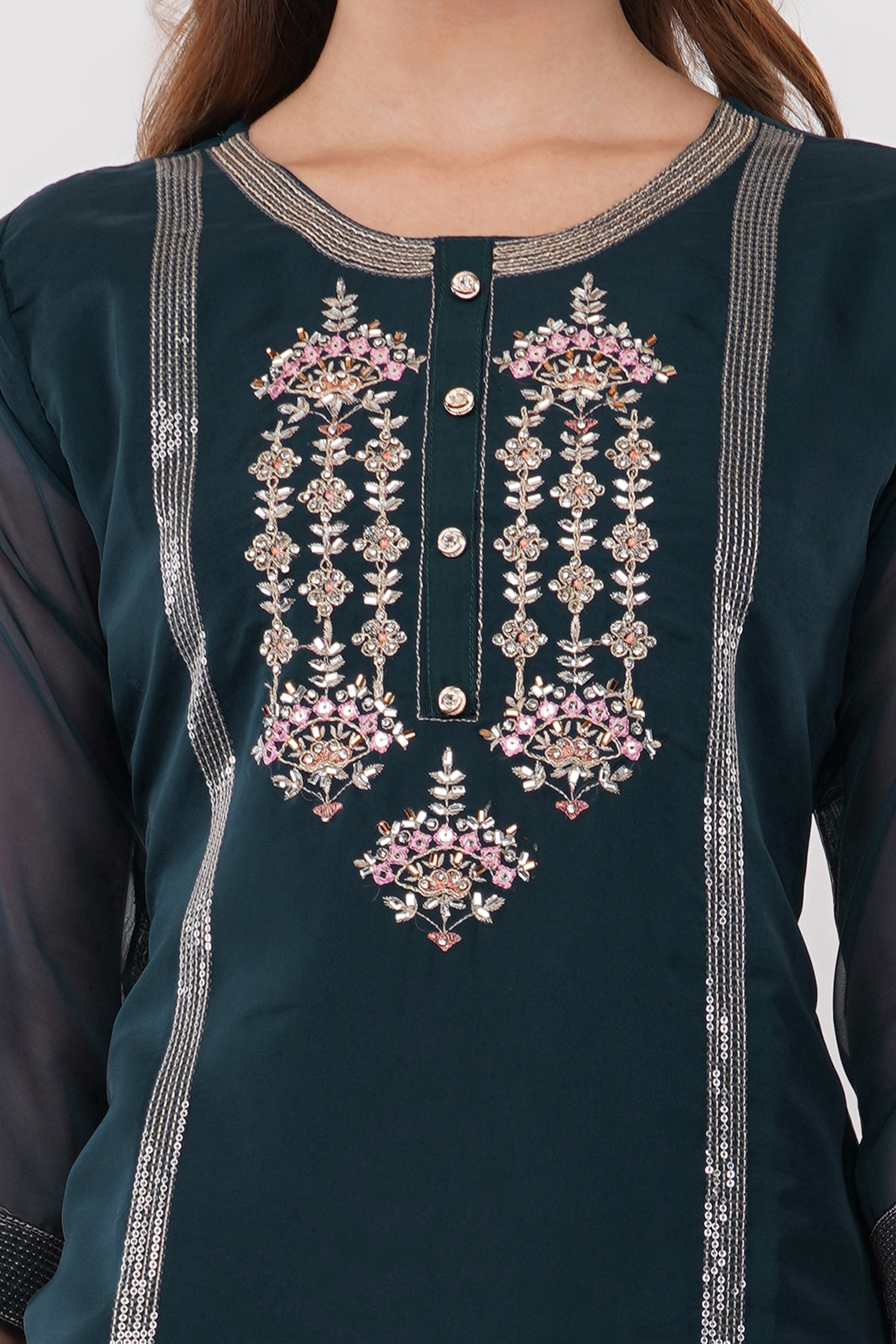 Teal Green Embroidered Suit Set - Set Of 3