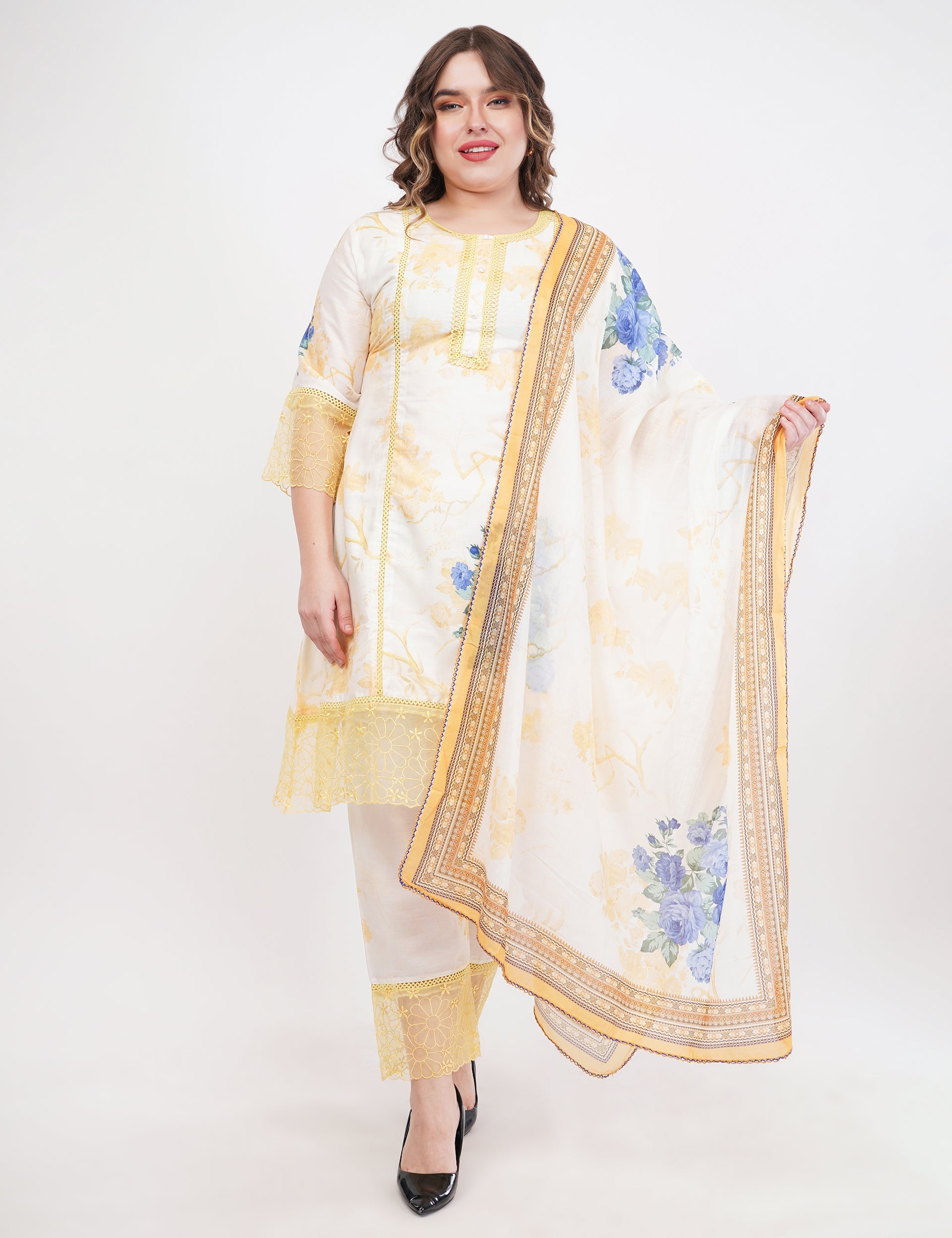 Yellow Short Printed Suit Set & Dupatta, With Sheer Details - Set Of 3