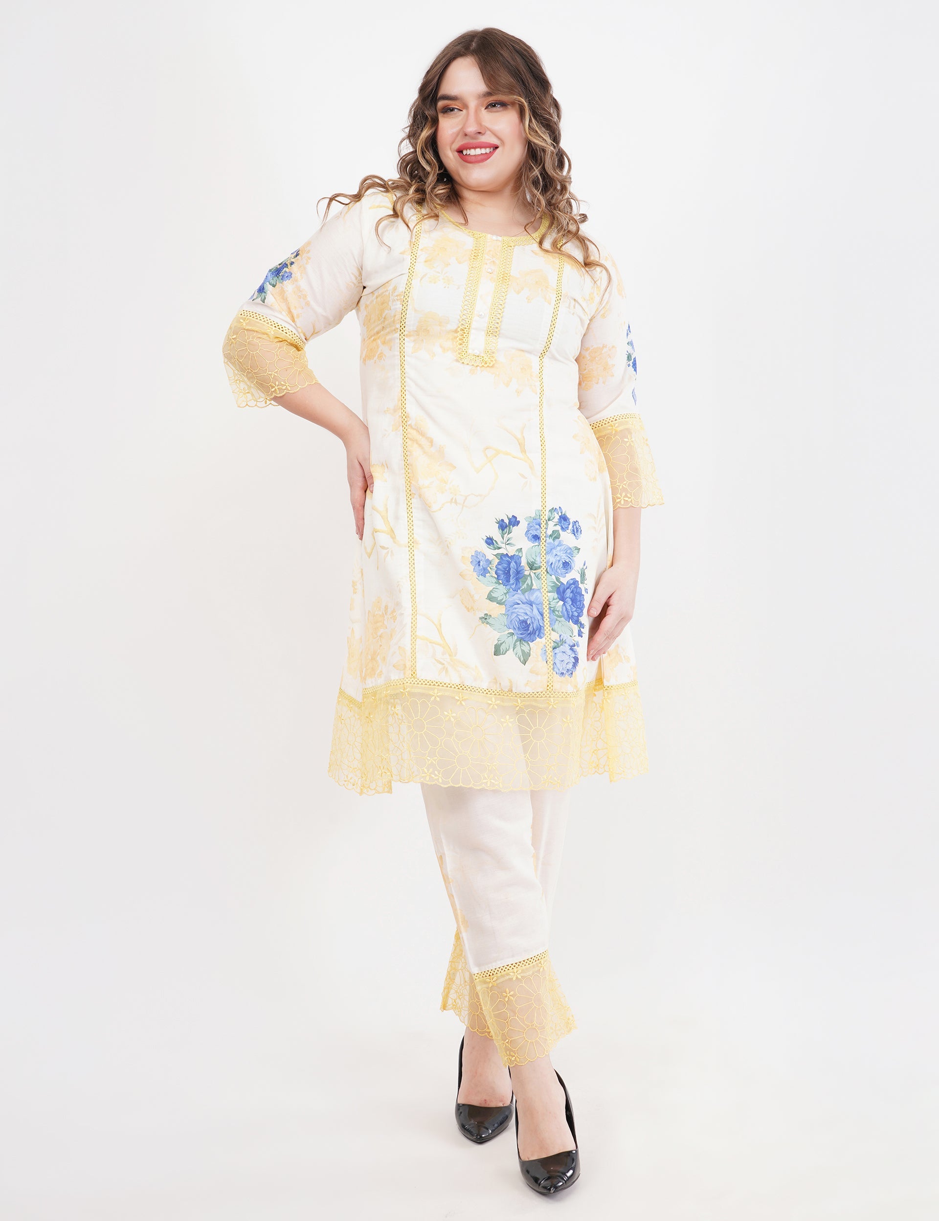 Yellow Short Printed Suit Set & Dupatta, With Sheer Details - Set Of 3