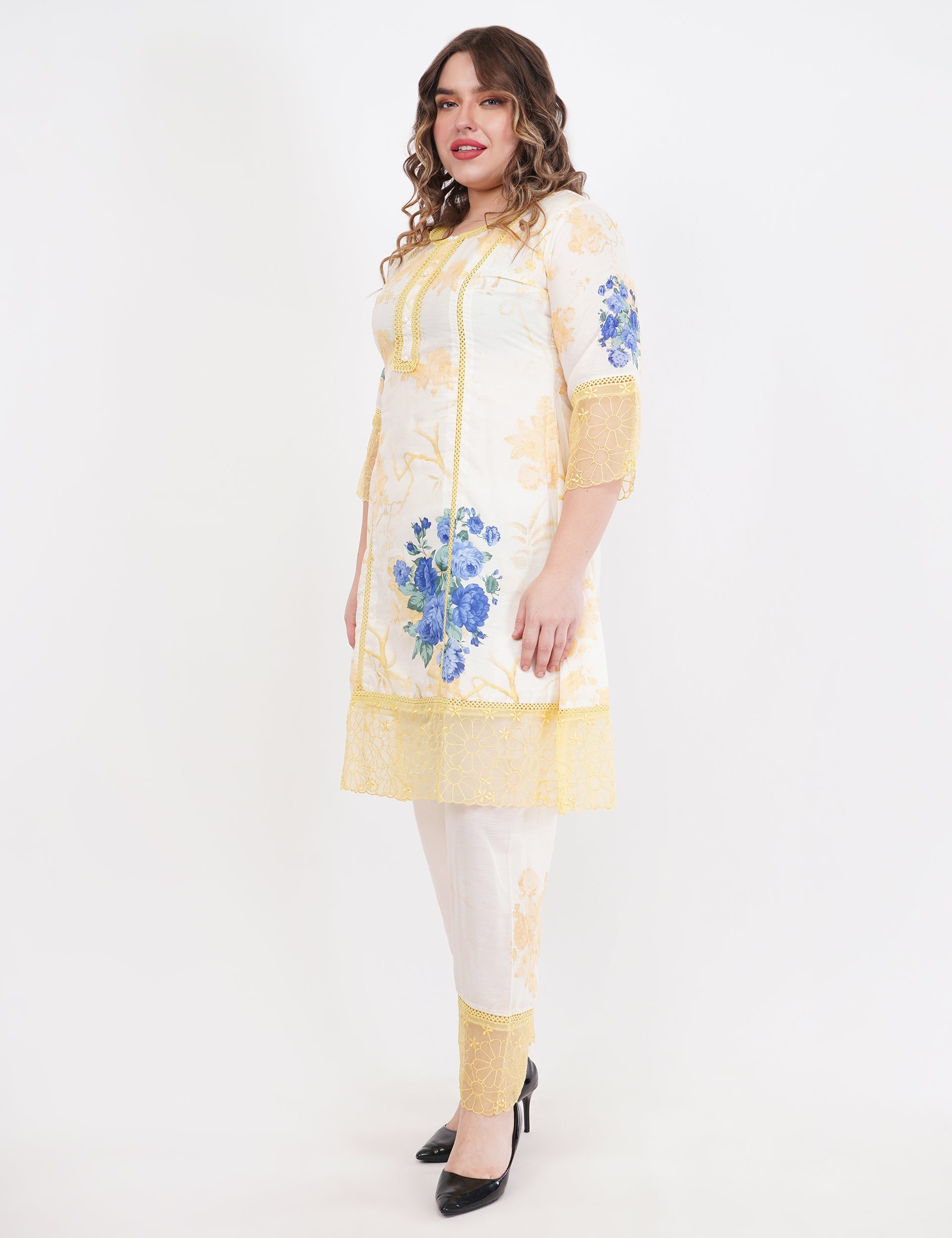 Yellow Short Printed Suit Set & Dupatta, With Sheer Details - Set Of 3