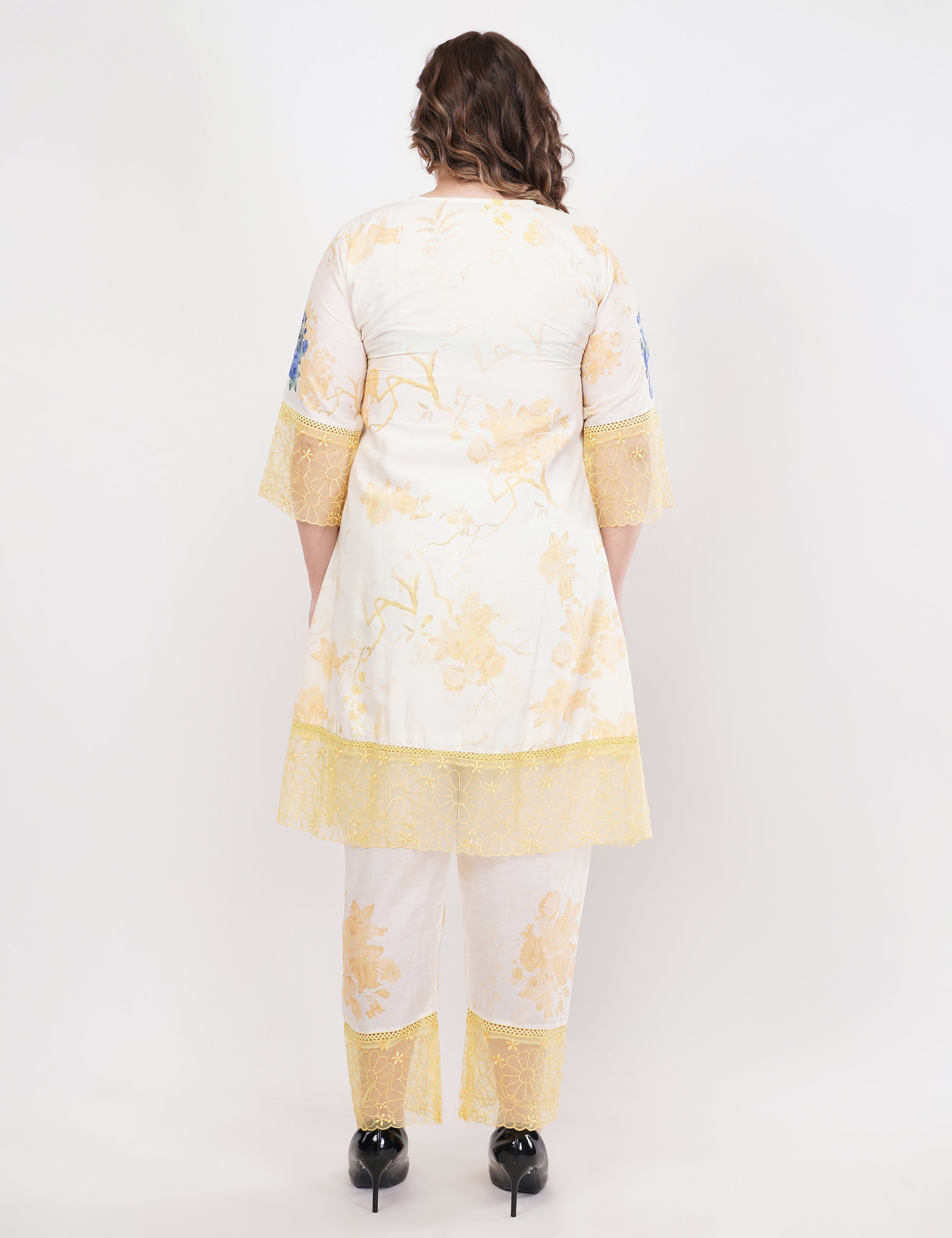 Yellow Short Printed Suit Set & Dupatta, With Sheer Details - Set Of 3