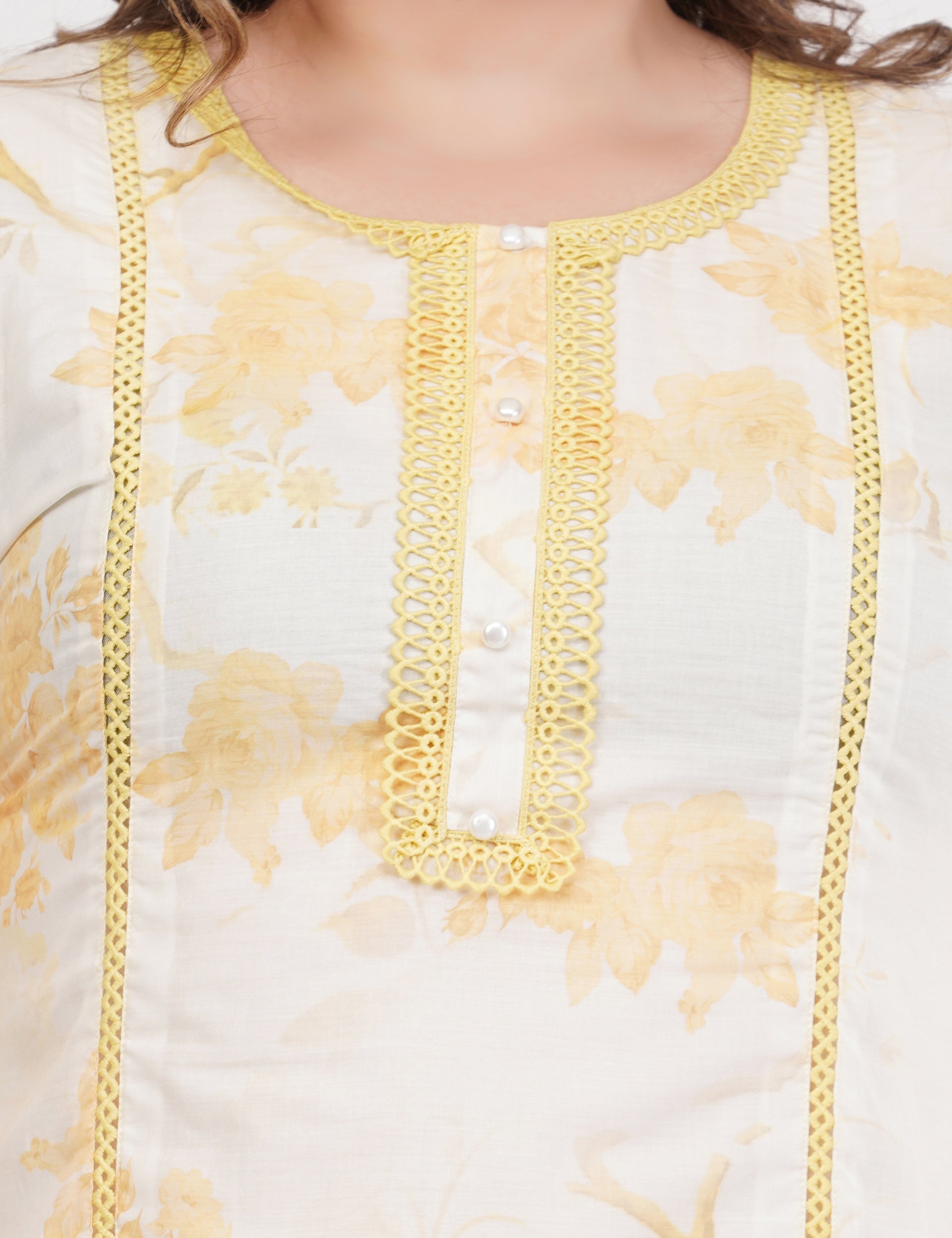 Yellow Short Printed Suit Set & Dupatta, With Sheer Details - Set Of 3