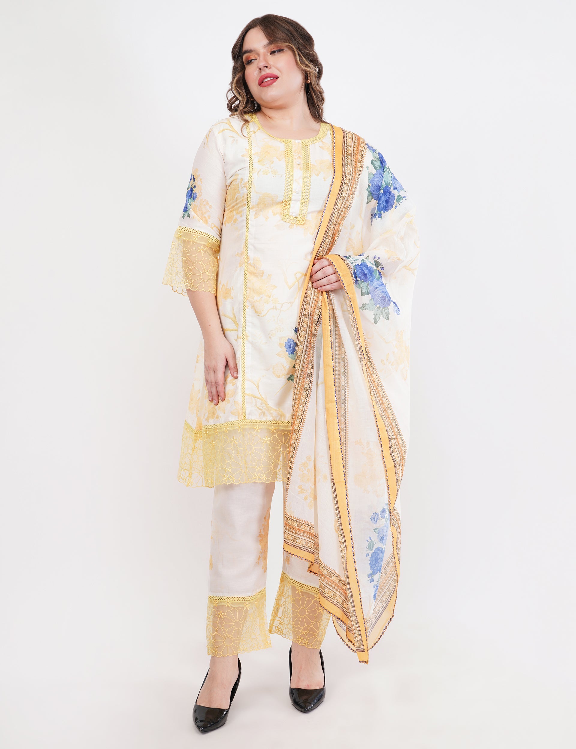 Yellow Short Printed Suit Set & Dupatta, With Sheer Details - Set Of 3