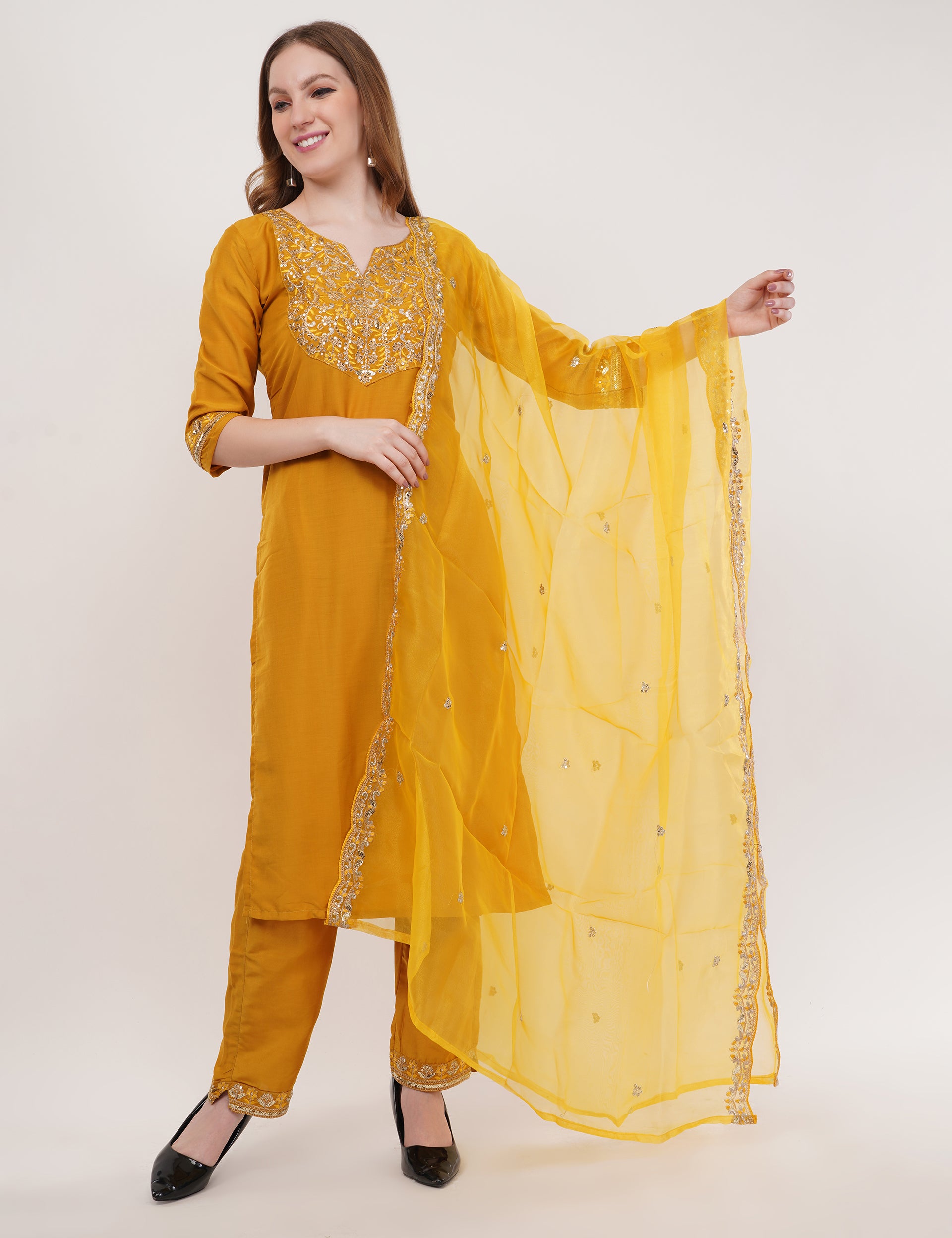 Yellow Embroidered Suit Set With Dupatta - Set Of 3