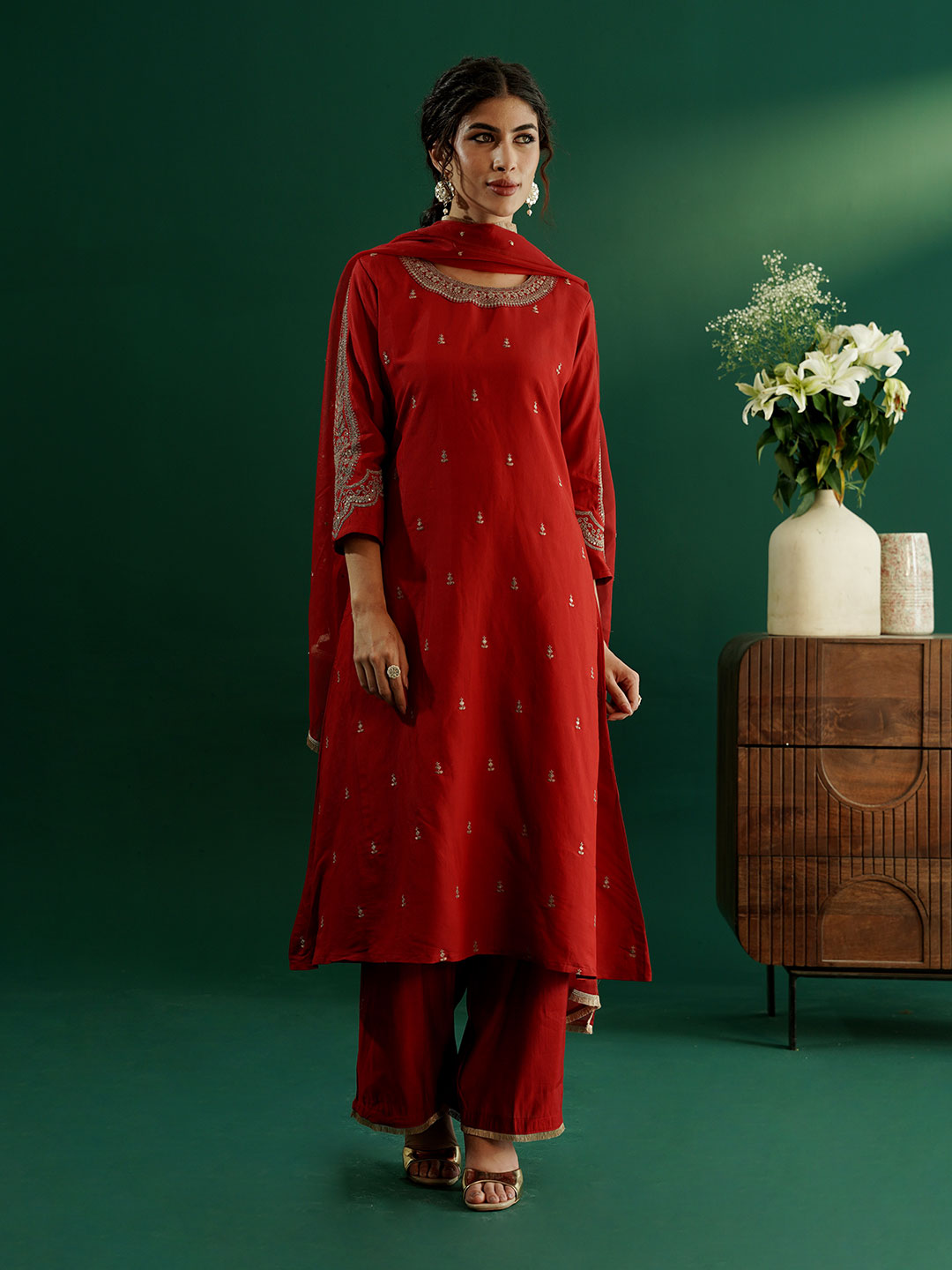 dhartii Festive Ready Modern A-Line Embroidered Sleeves Suit Set with Organza Dupatta and Palazzo (3 Piece Set)