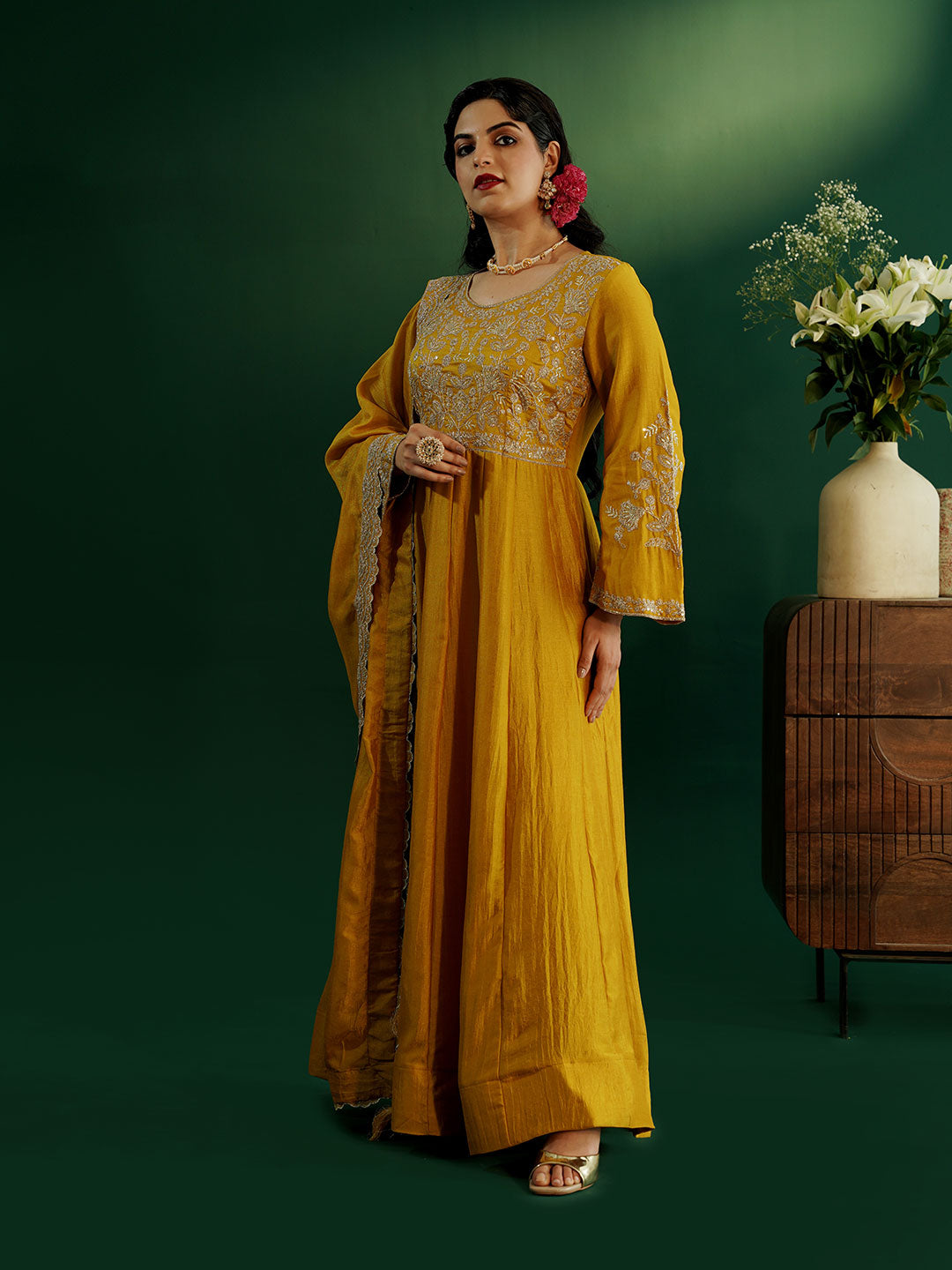 dhartii Opulent Yellow Intricate Embroidered Floor Length Anarkali Set with Scallopped Dupatta (2 Piece Set)