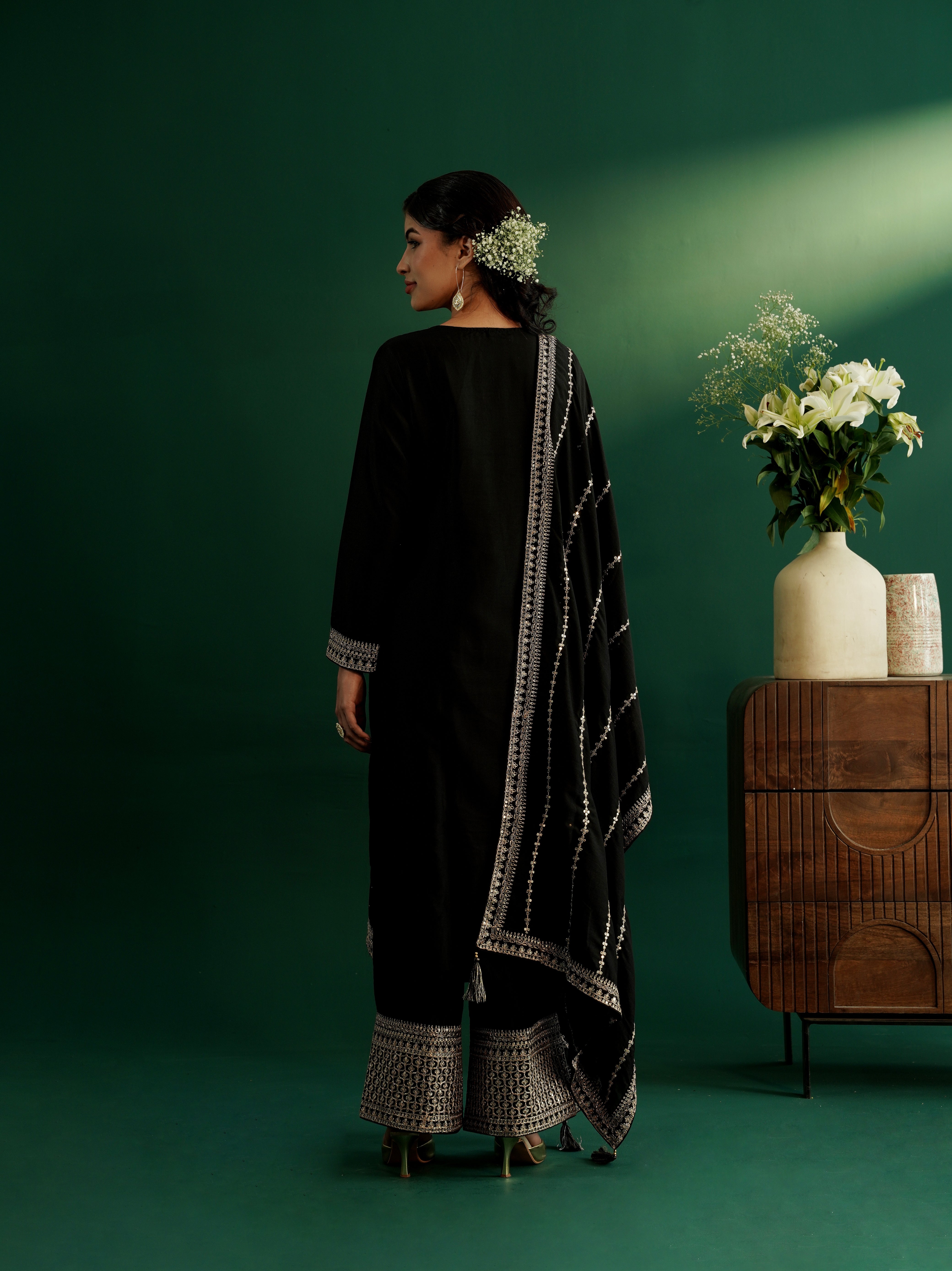 dhartii Festive Stunning Black Embroidered Suit Set with Pallazzo and Dupatta (3 Piece Set)