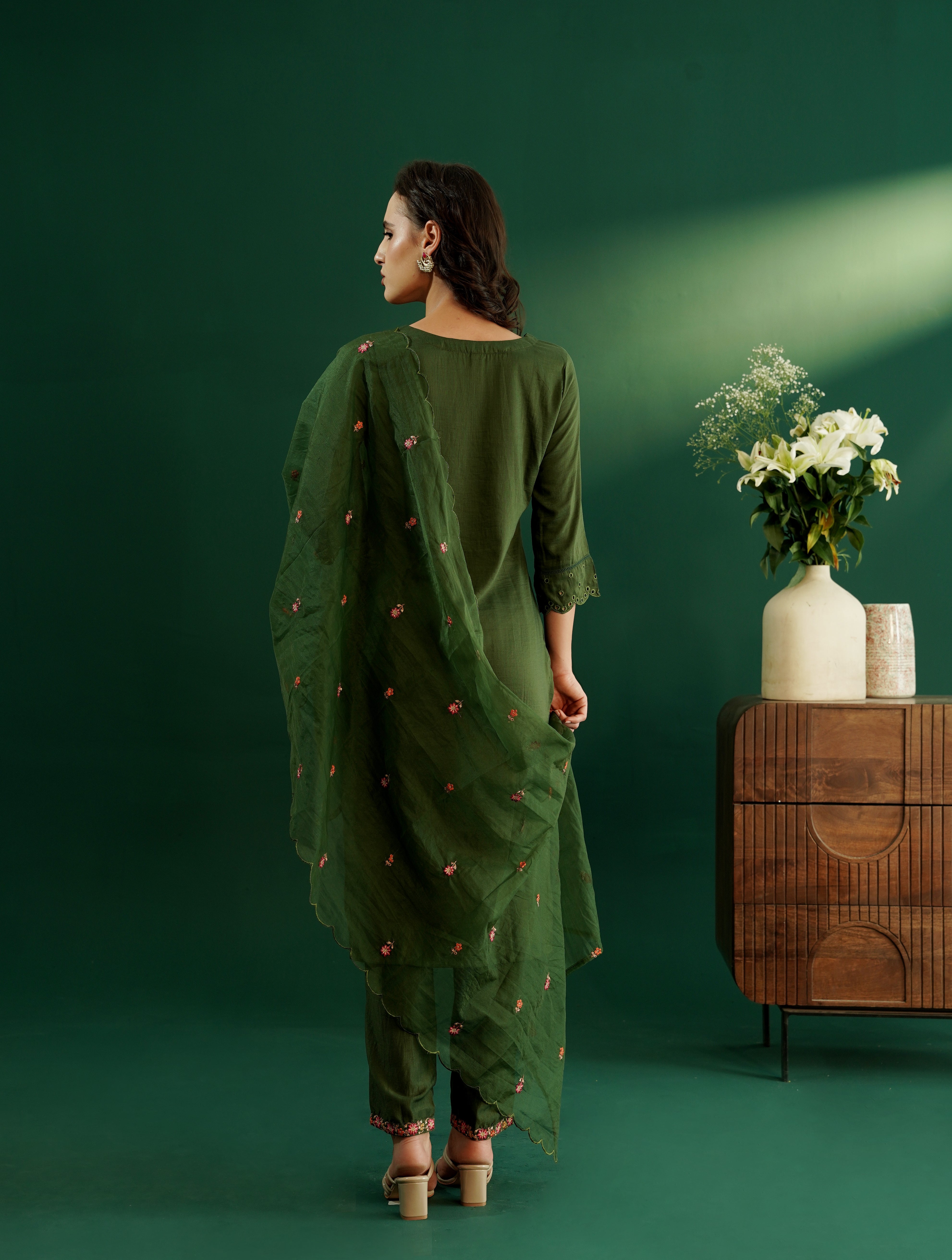 dhartii Trendy Olive Green Schiffli Embroidery Suit Set with Organza Dupatta and Pants (3 Piece Set)