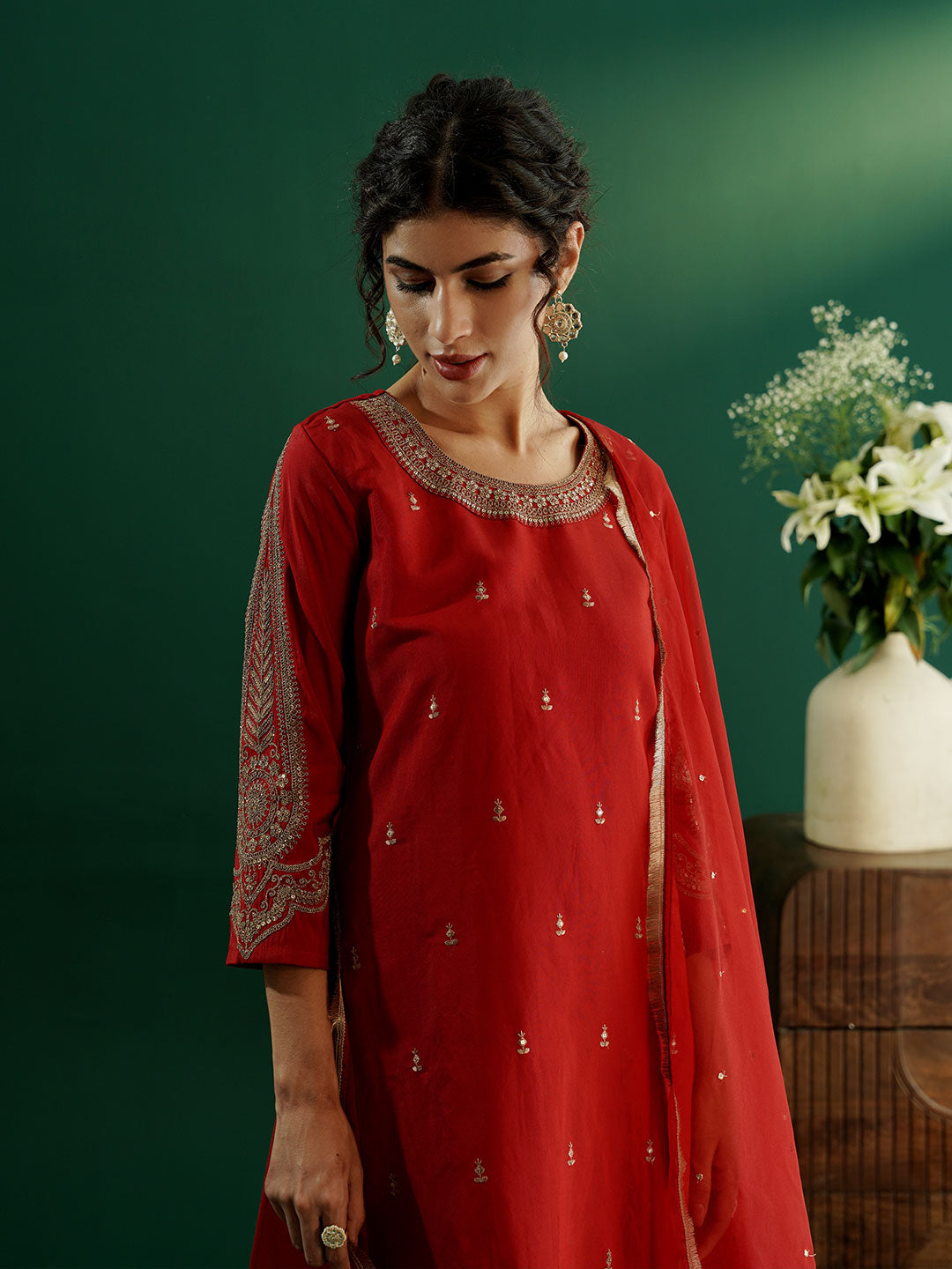 dhartii Festive Ready Modern A-Line Embroidered Sleeves Suit Set with Organza Dupatta and Palazzo (3 Piece Set)