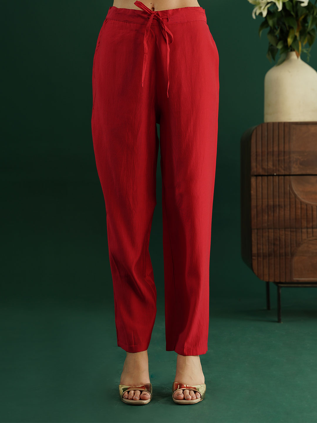 dhartii Elite Festive Red Embroidered Suit Set with Organza Dupatta and Pants (3 Piece Set)