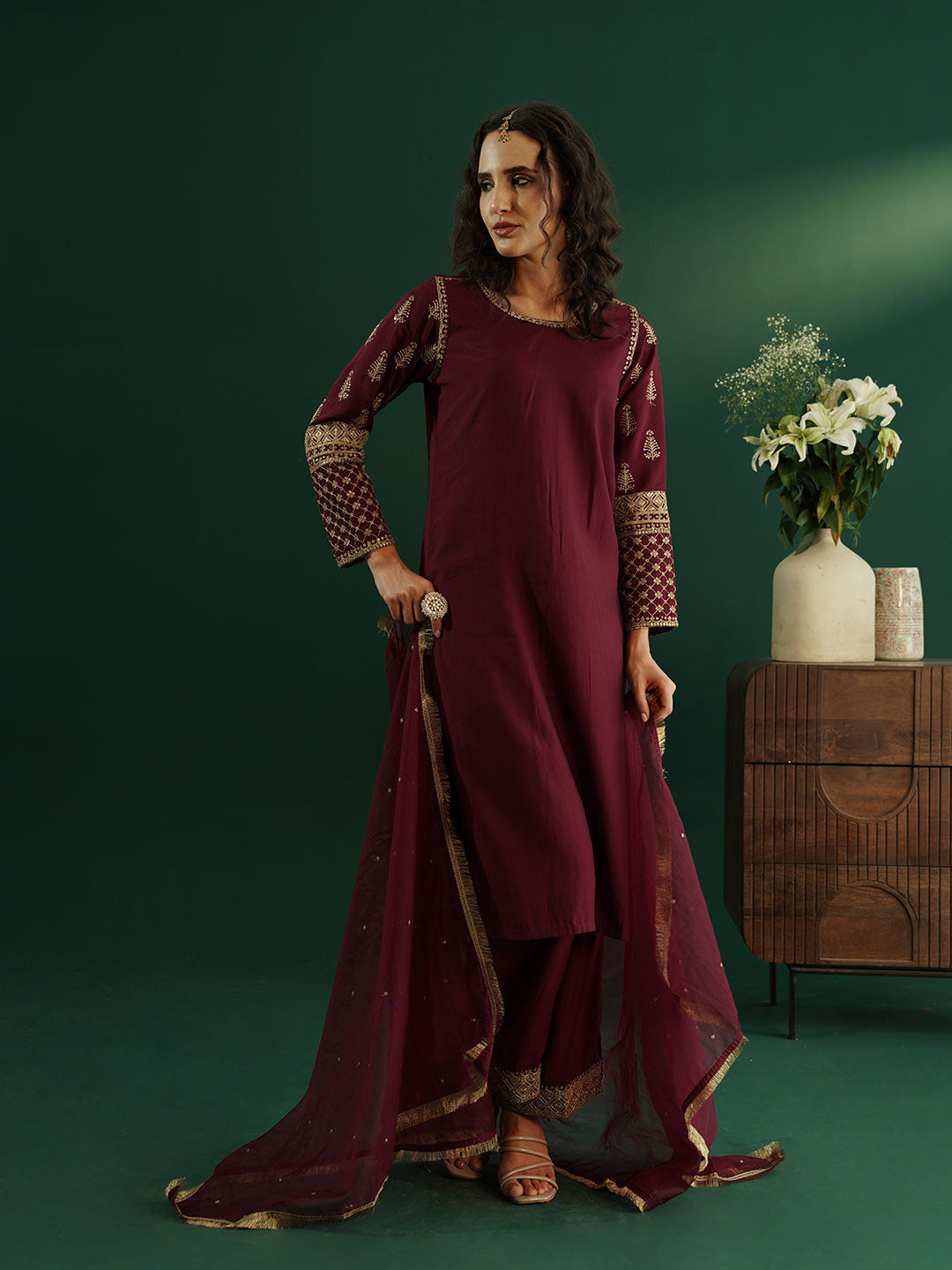 dhartii Modern Festive Dark Plum Embroidered Suit Set with Sheer Dupatta and Embroidered Palazzo (3 Piece Set)