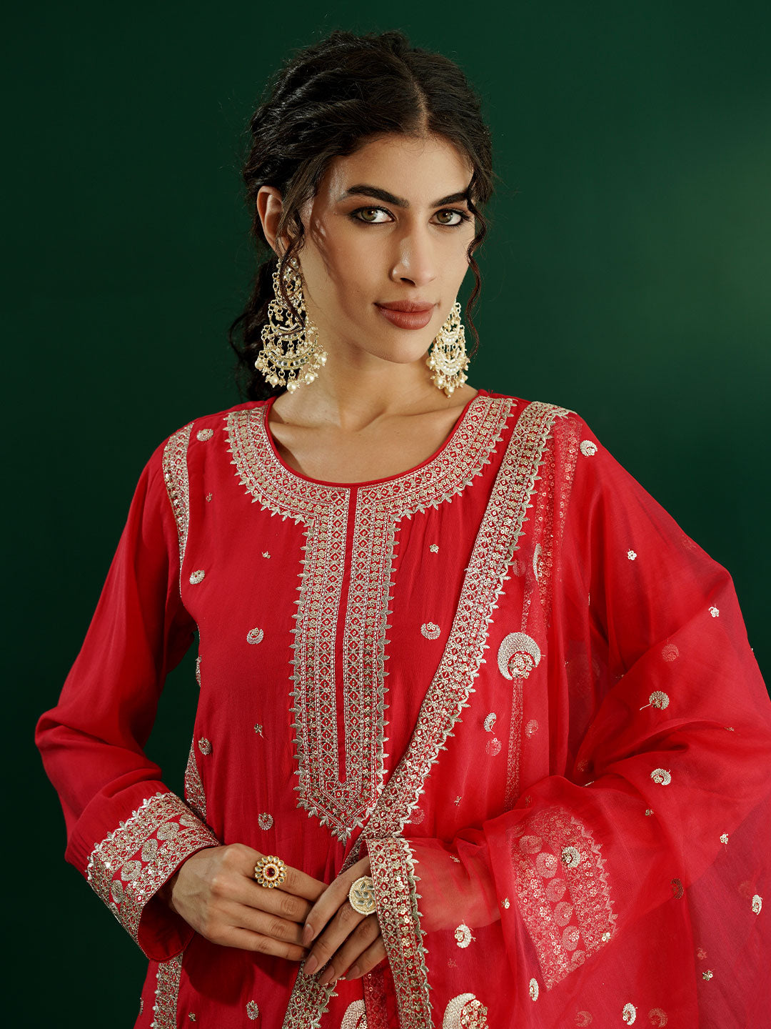 dhartii Elite Festive Red Embroidered Suit Set with Organza Dupatta and Pants (3 Piece Set)