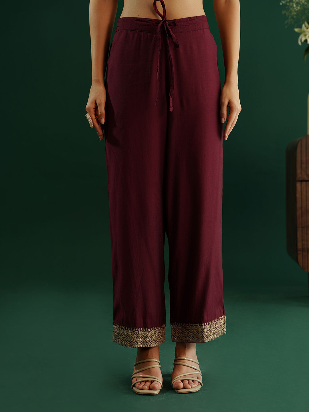 dhartii Modern Festive Dark Plum Embroidered Suit Set with Sheer Dupatta and Embroidered Palazzo (3 Piece Set)