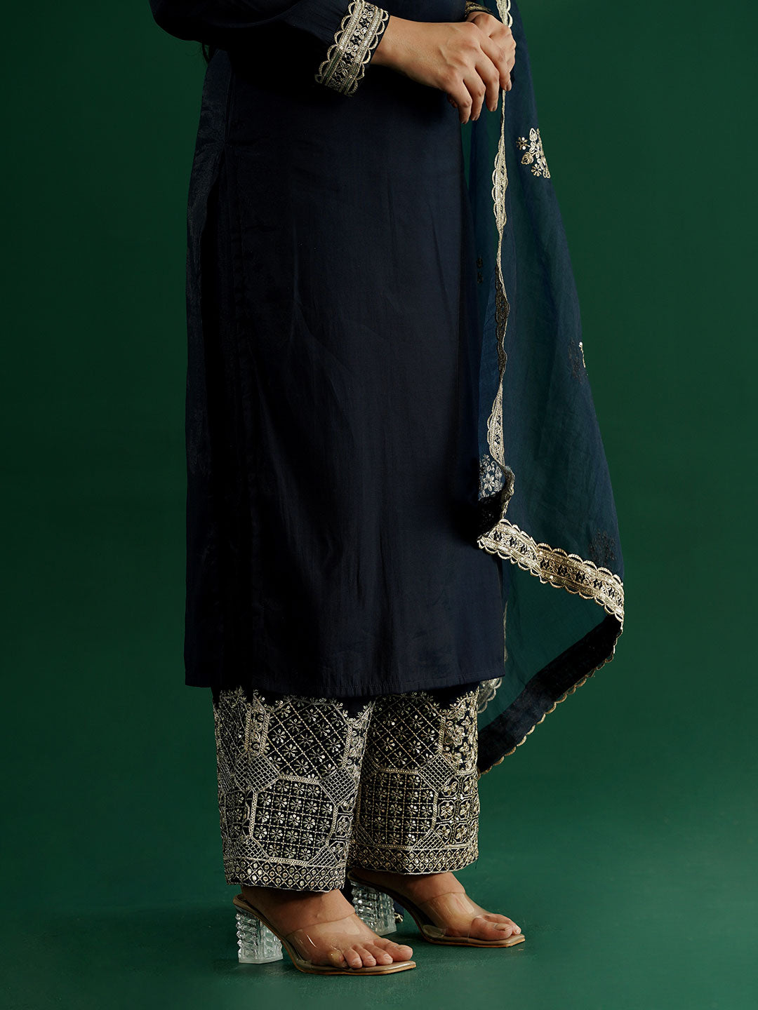 dhartii Trendy Festive Navy Blue Solid Suit Set with Embroidered Palazzo and Dupatta (3 Piece Set)