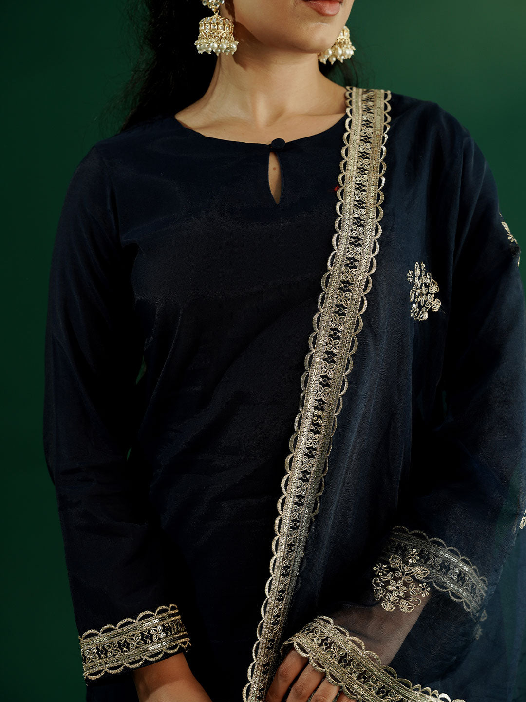 dhartii Trendy Festive Navy Blue Solid Suit Set with Embroidered Palazzo and Dupatta (3 Piece Set)