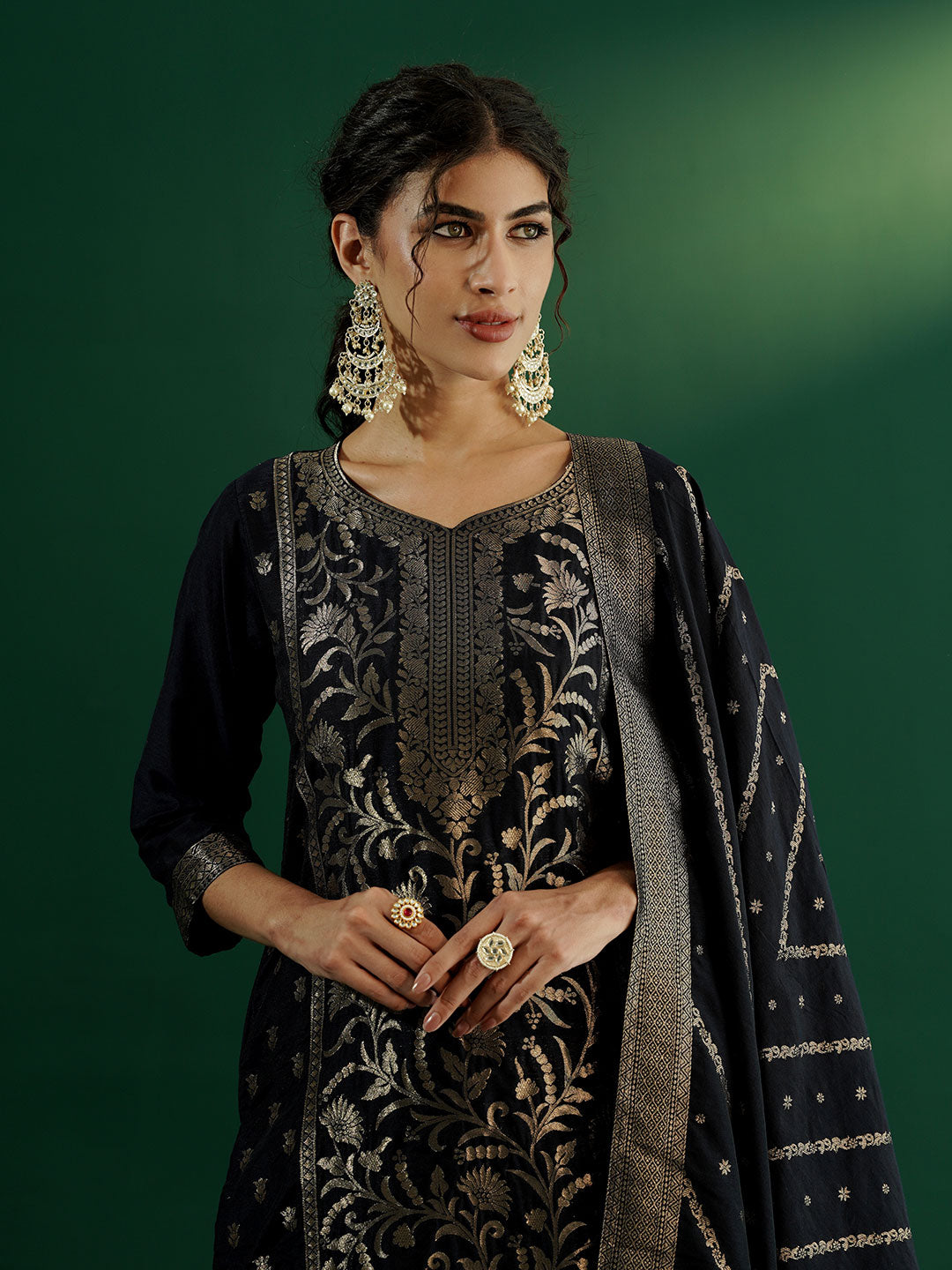 dhartii New Age Navy Blue Royal Brocade Suit Set with Dupatta and Pants (3 Piece Set)
