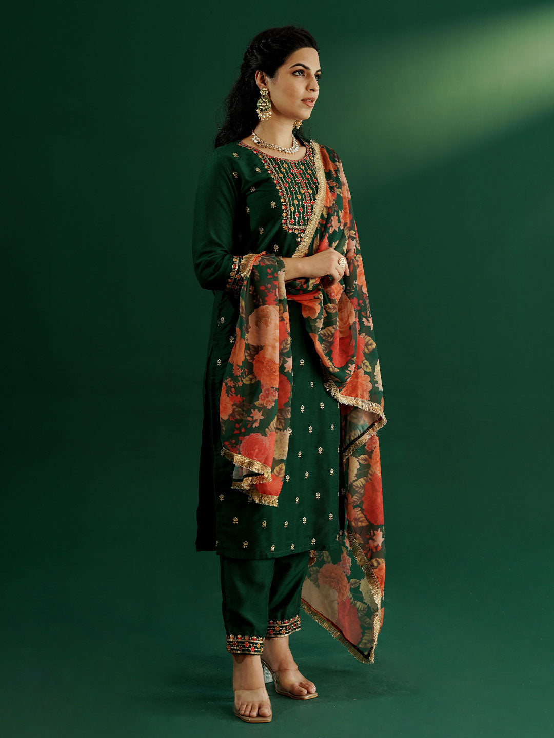 dhartii Trendy Festive Dark Green Embroidered Suit Set with Floral Dupatta and Pants (3 Piece Set)
