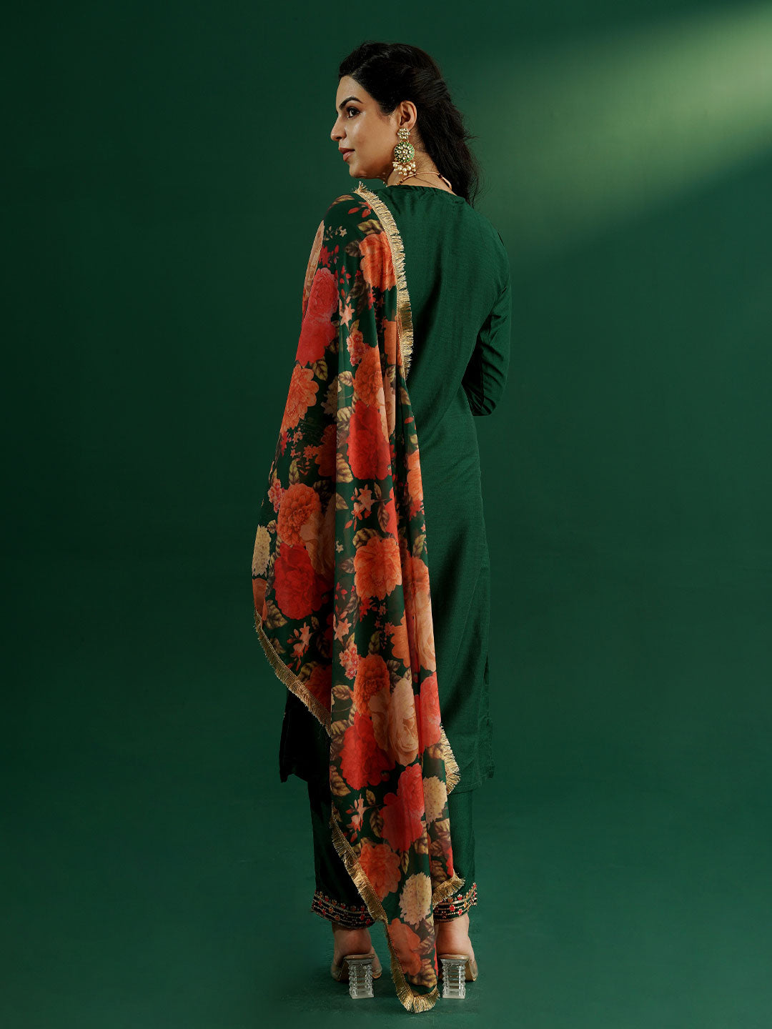 dhartii Trendy Festive Dark Green Embroidered Suit Set with Floral Dupatta and Pants (3 Piece Set)