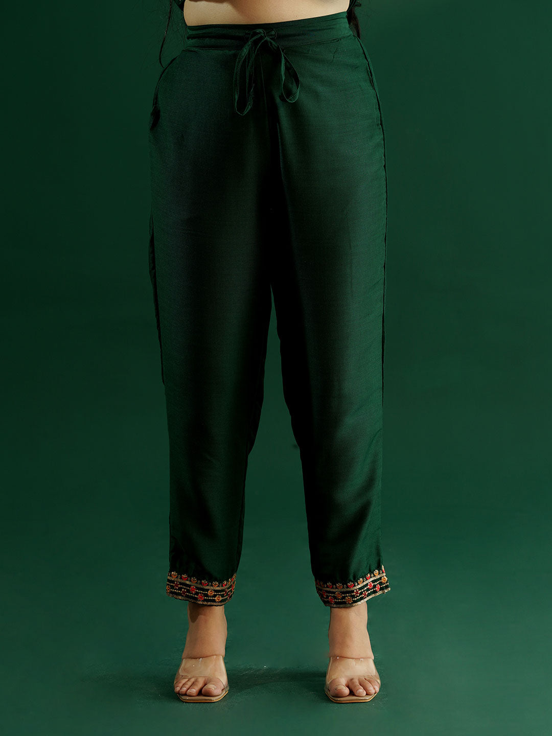 dhartii Trendy Festive Dark Green Embroidered Suit Set with Floral Dupatta and Pants (3 Piece Set)