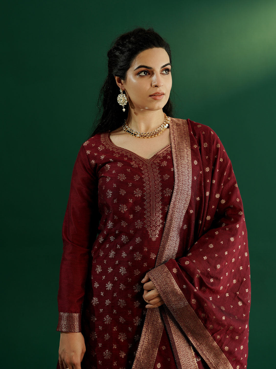 dhartii New Age Lavish Maroon Royal Brocade Suit Set with Dupatta and Pants (3 Piece Set)
