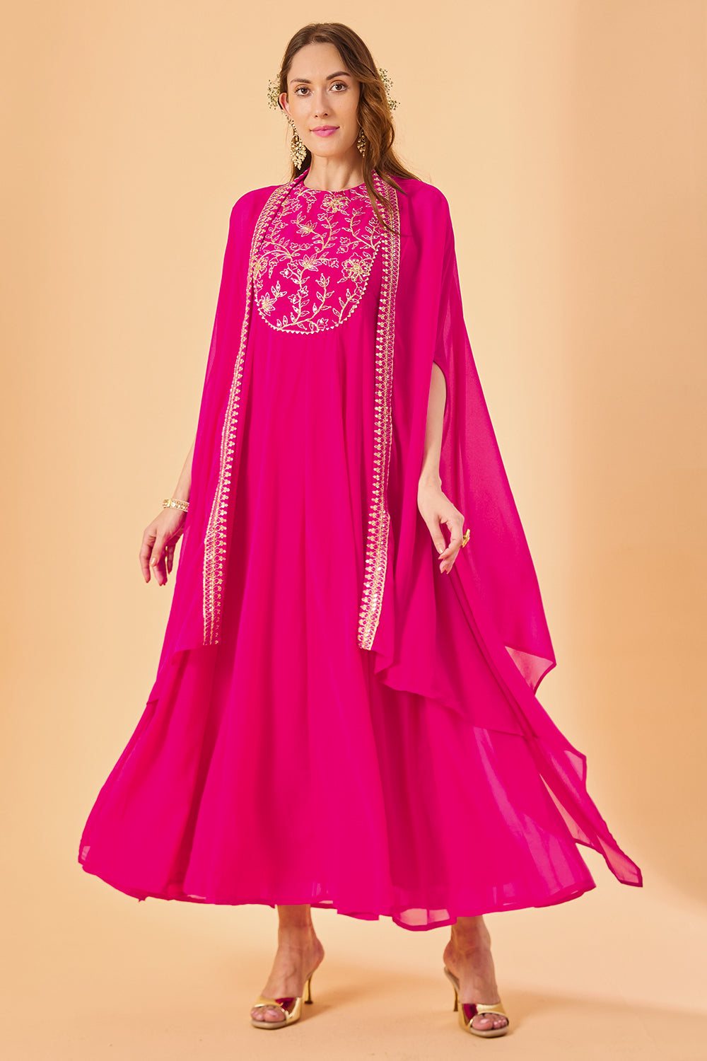 dhartii Fuchsia Pink Aura Georgette Embroidered Fusion Set
