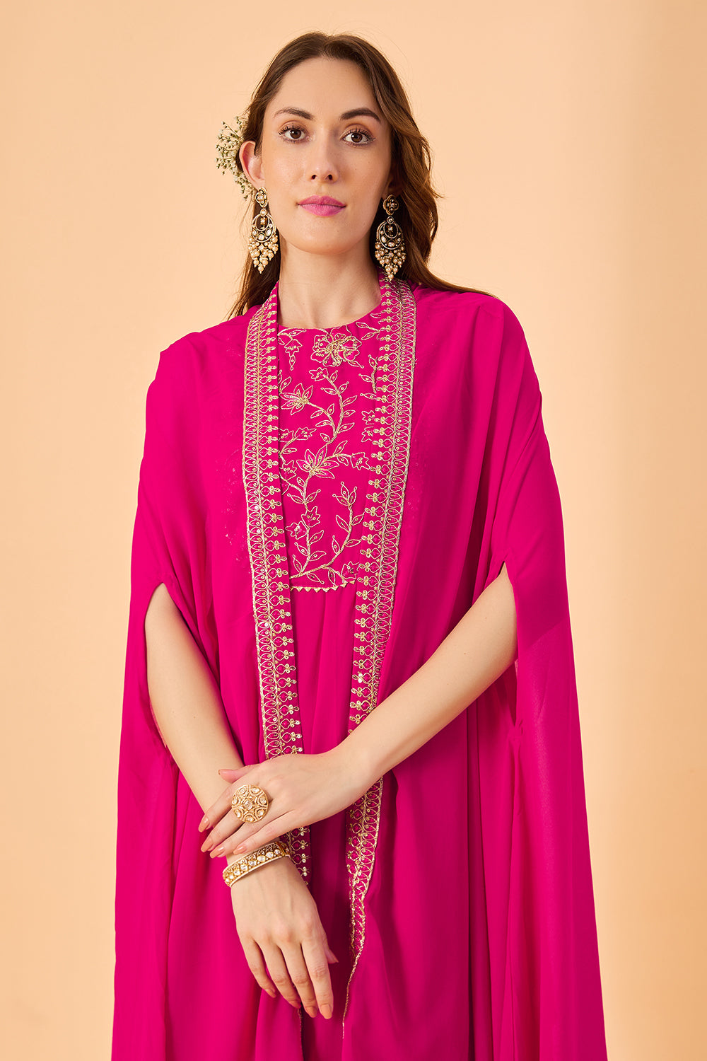 dhartii Fuchsia Pink Aura Georgette Embroidered Fusion Set