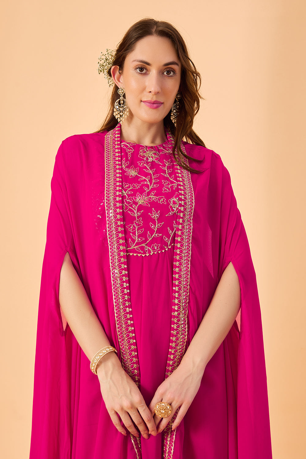 dhartii Fuchsia Pink Aura Georgette Embroidered Fusion Set