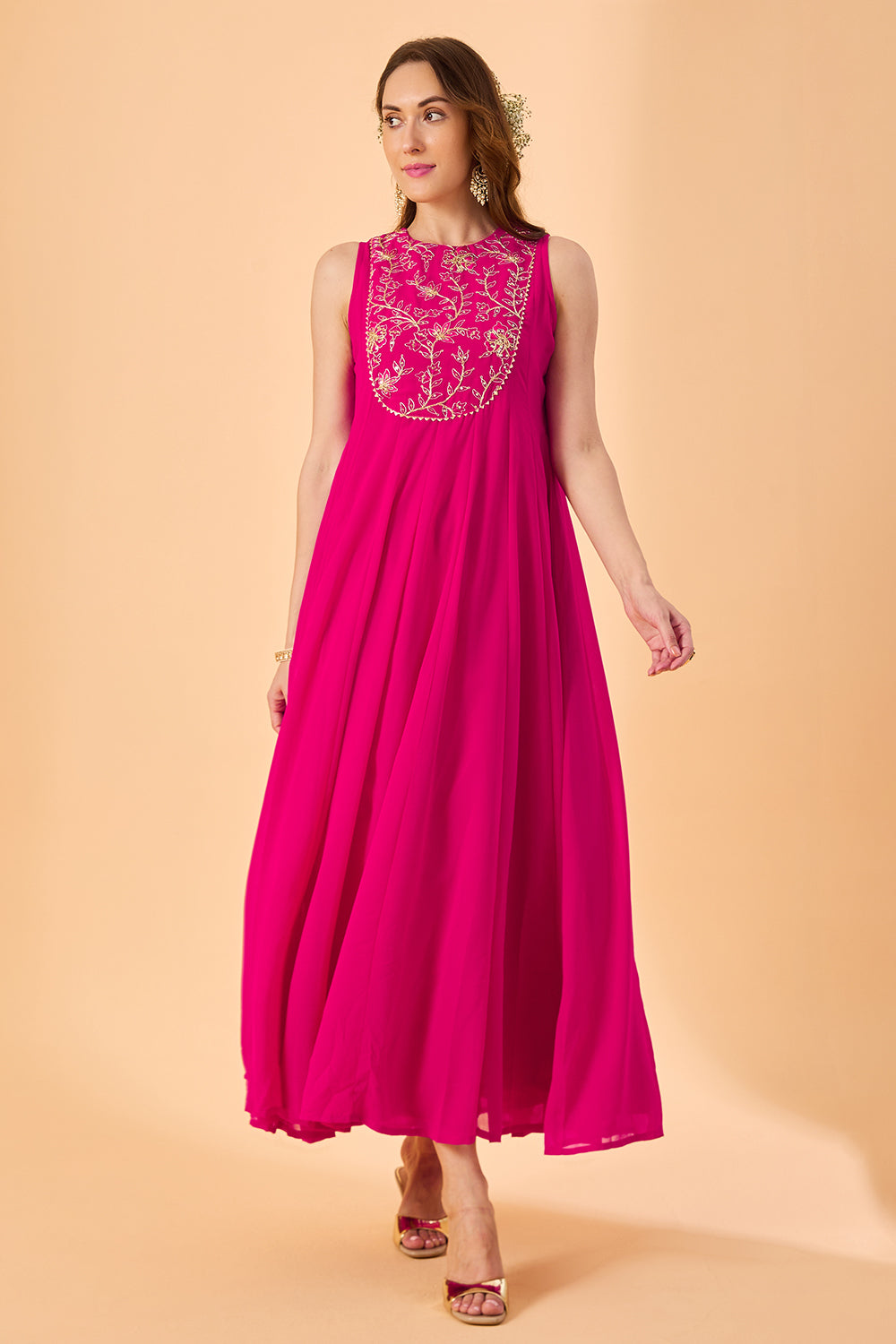 dhartii Fuchsia Pink Aura Georgette Embroidered Fusion Set