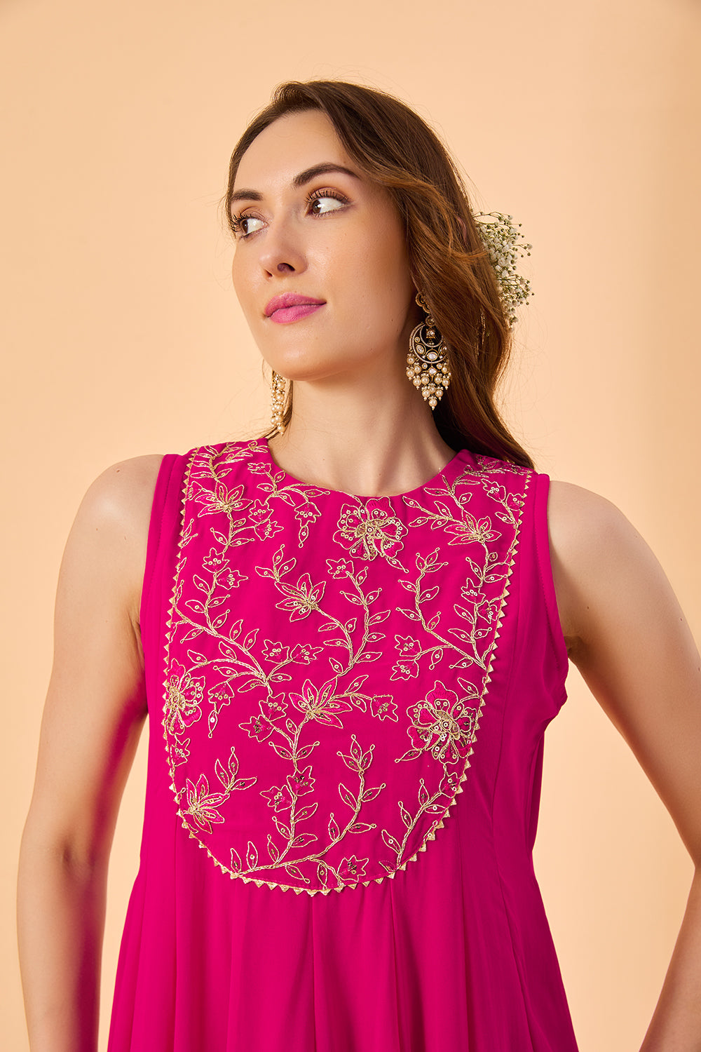 dhartii Fuchsia Pink Aura Georgette Embroidered Fusion Set