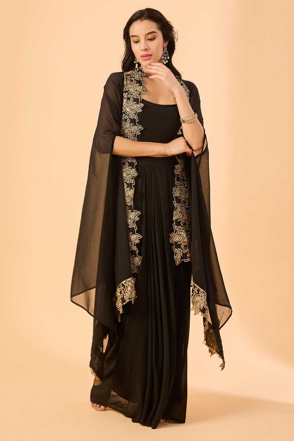dhartii Black Embroidered Georgette Fusion Set