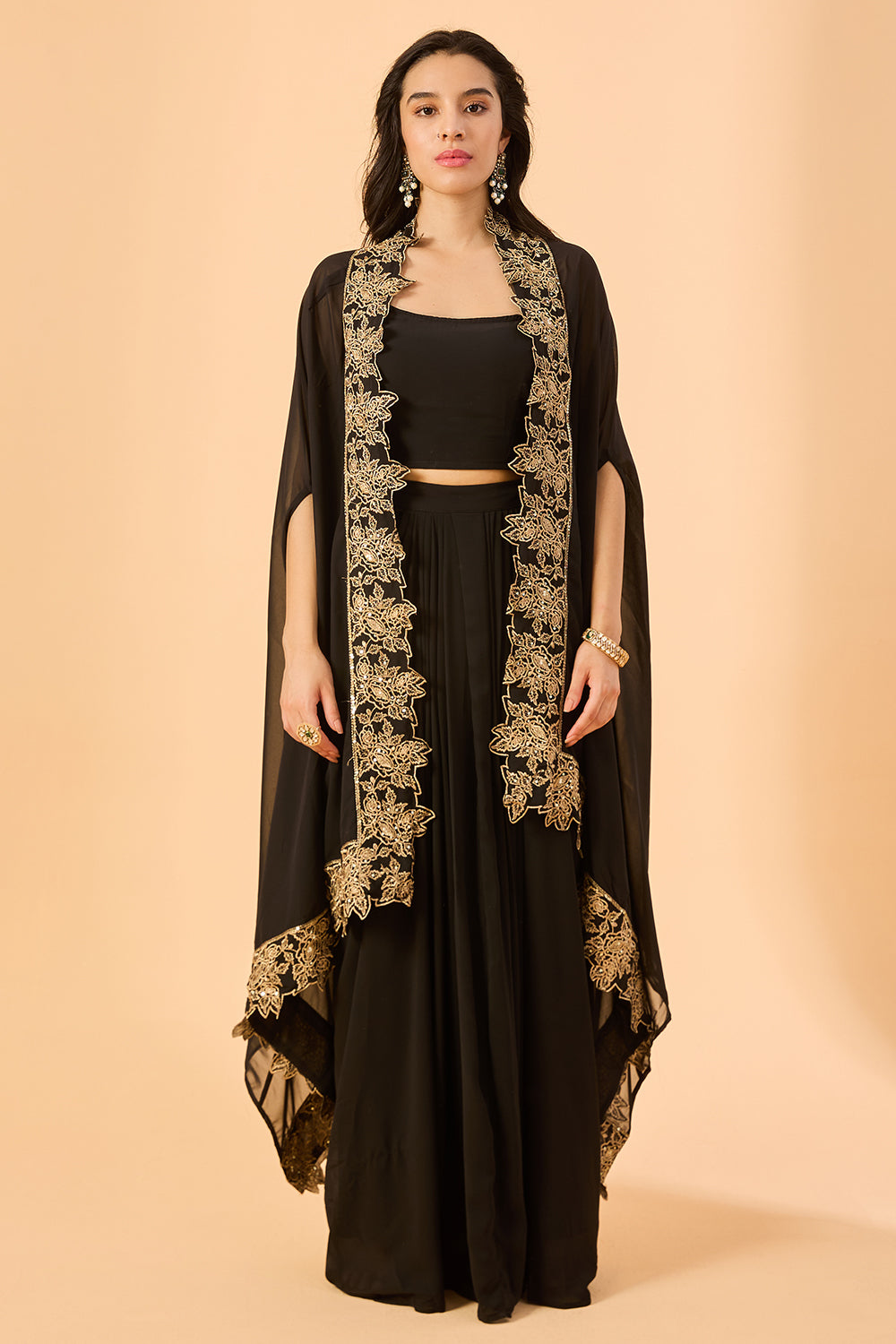 dhartii Black Embroidered Georgette Fusion Set