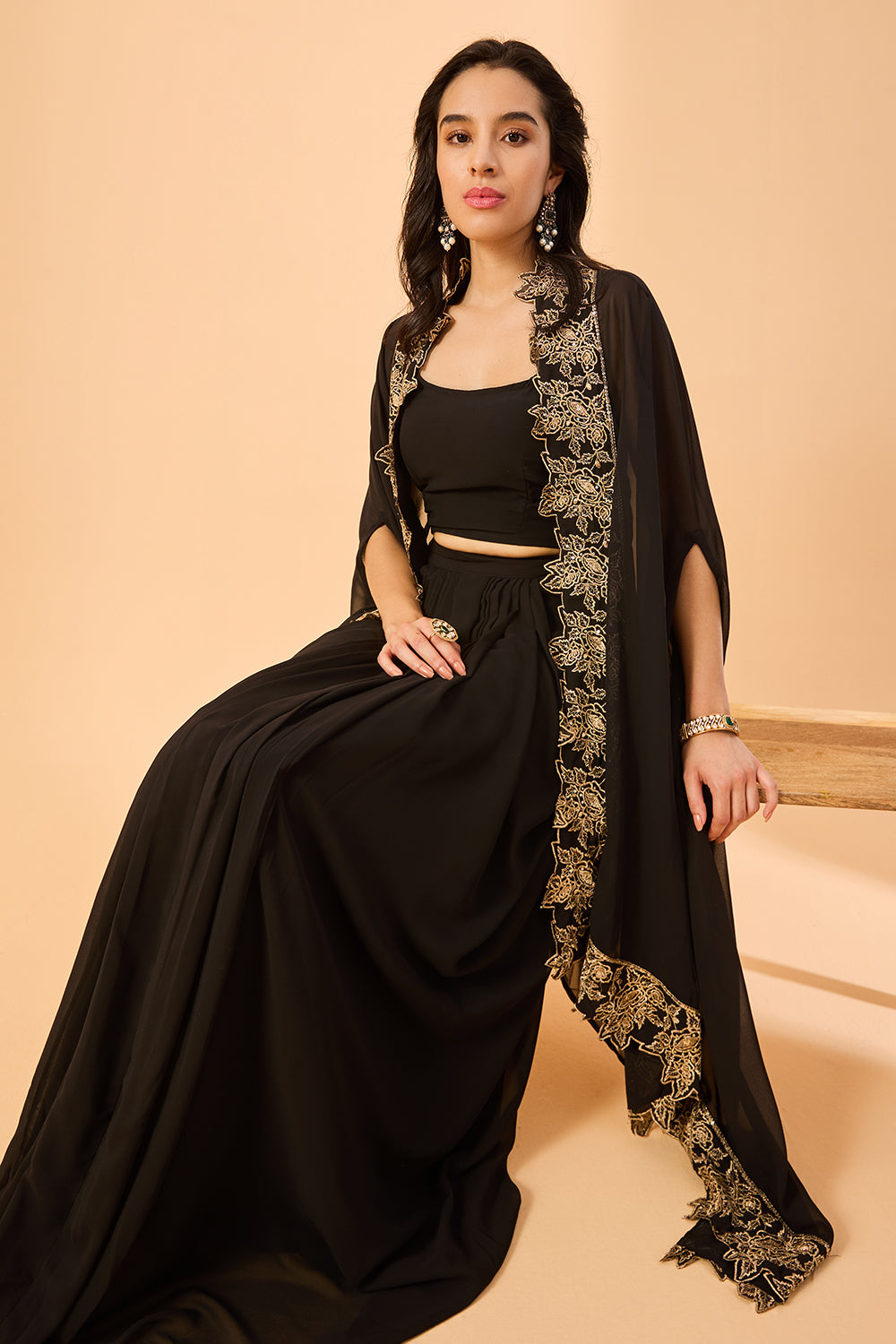 dhartii Black Embroidered Georgette Fusion Set