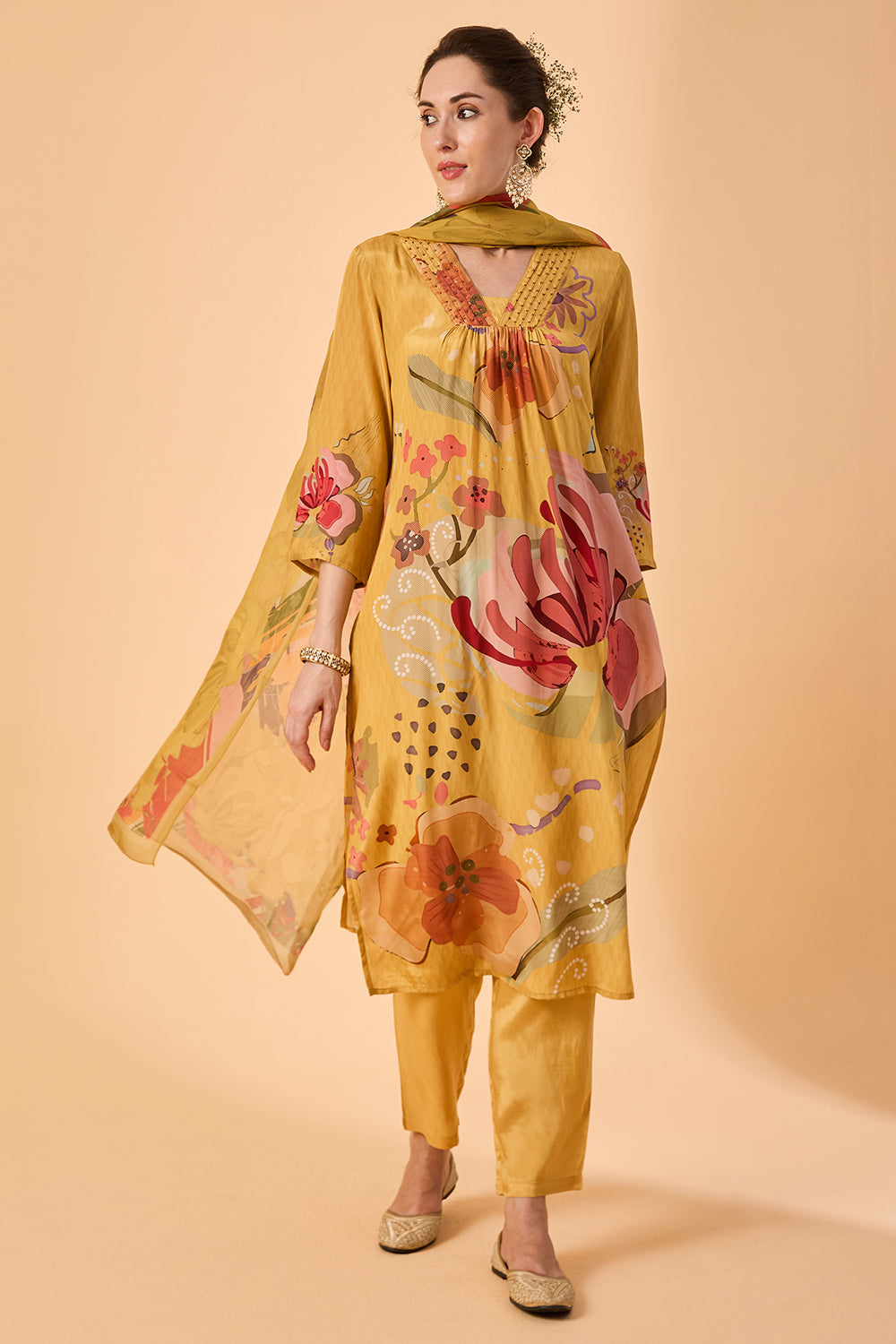 dhartii Yellow Golden Haze Abstract floral printed Crepe Suit Set
