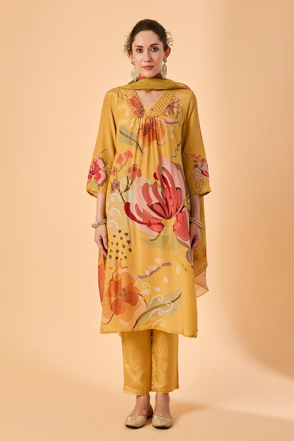 dhartii Yellow Golden Haze Abstract floral printed Crepe Suit Set