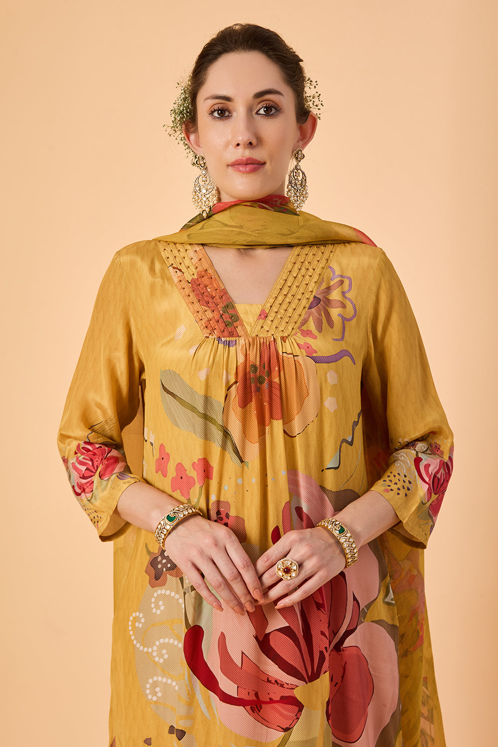 dhartii Yellow Golden Haze Abstract floral printed Crepe Suit Set