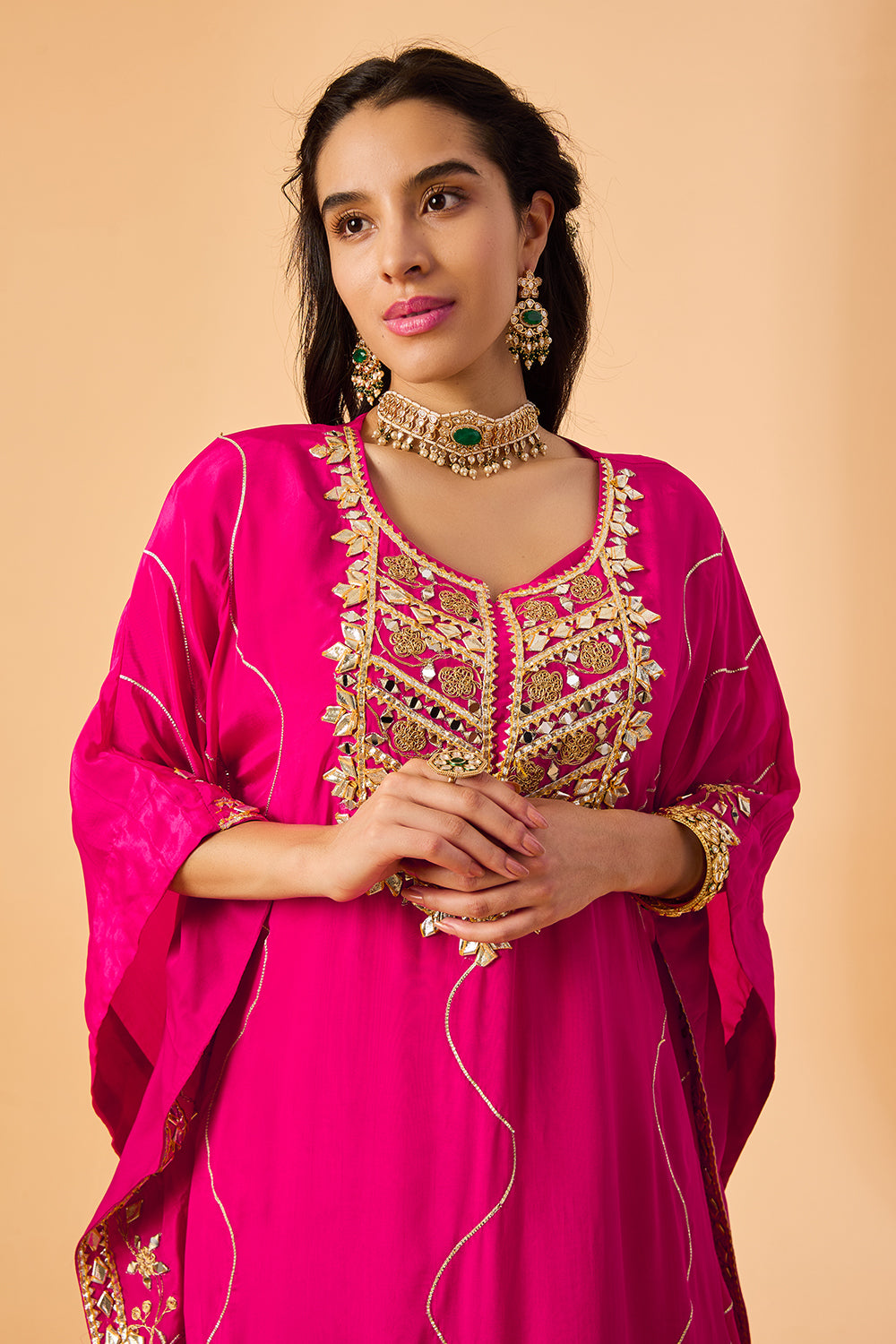 dhartii Pink Embroidered Crepe Fusion Kaftan Set